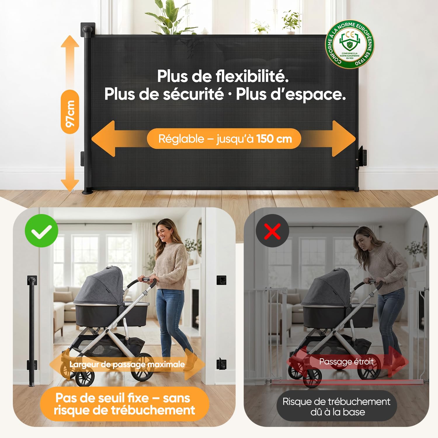 Sekey Barrière de sécurité Extensible 0-150 cm – Hauteur 97 cm, sans perçage + vis fournies | Barrière Enfant escamotable pour Porte, escalier, Chien