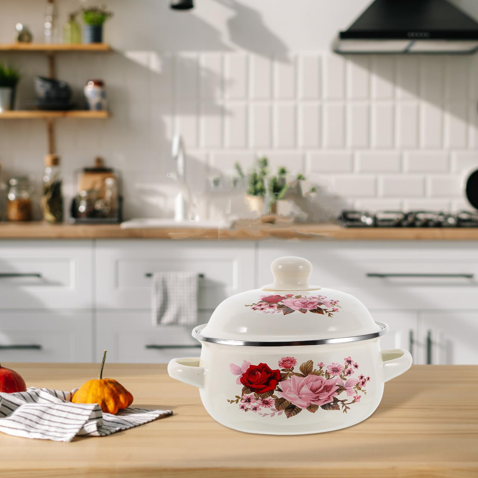 Ancienne Cocotte En Fonte émaillée, Petite Marmite Avec Motif Floral, Compatible Gaz Et électrique, Vaisselle Vintage