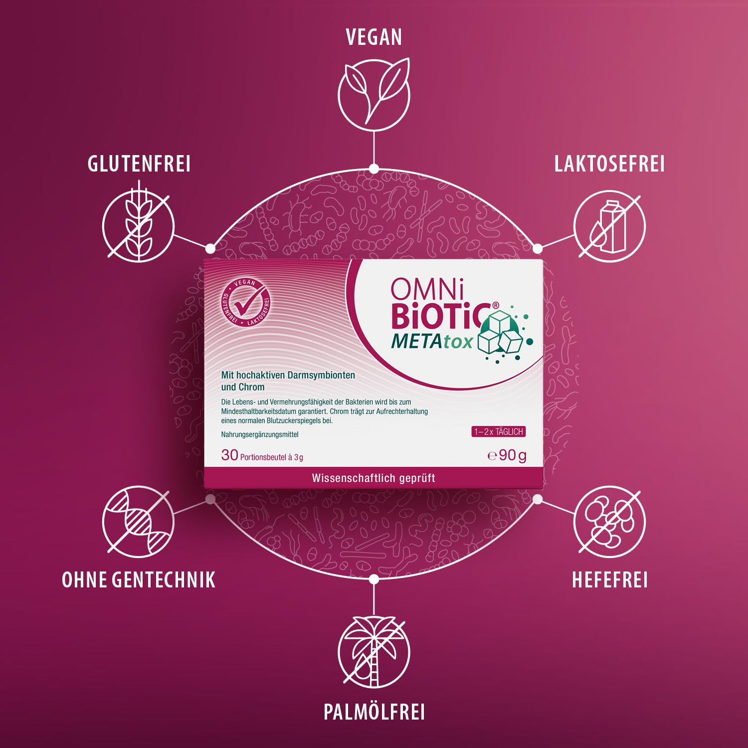 OMNi BiOTiC METAtox | Mit hochaktiven Darmsymbionten und Chrom | 30 Portionen | 15 Mrd. Keime pro Tagesdosis | Pulver | Vegan | Laktosefrei | Zur täglichen Anwendung