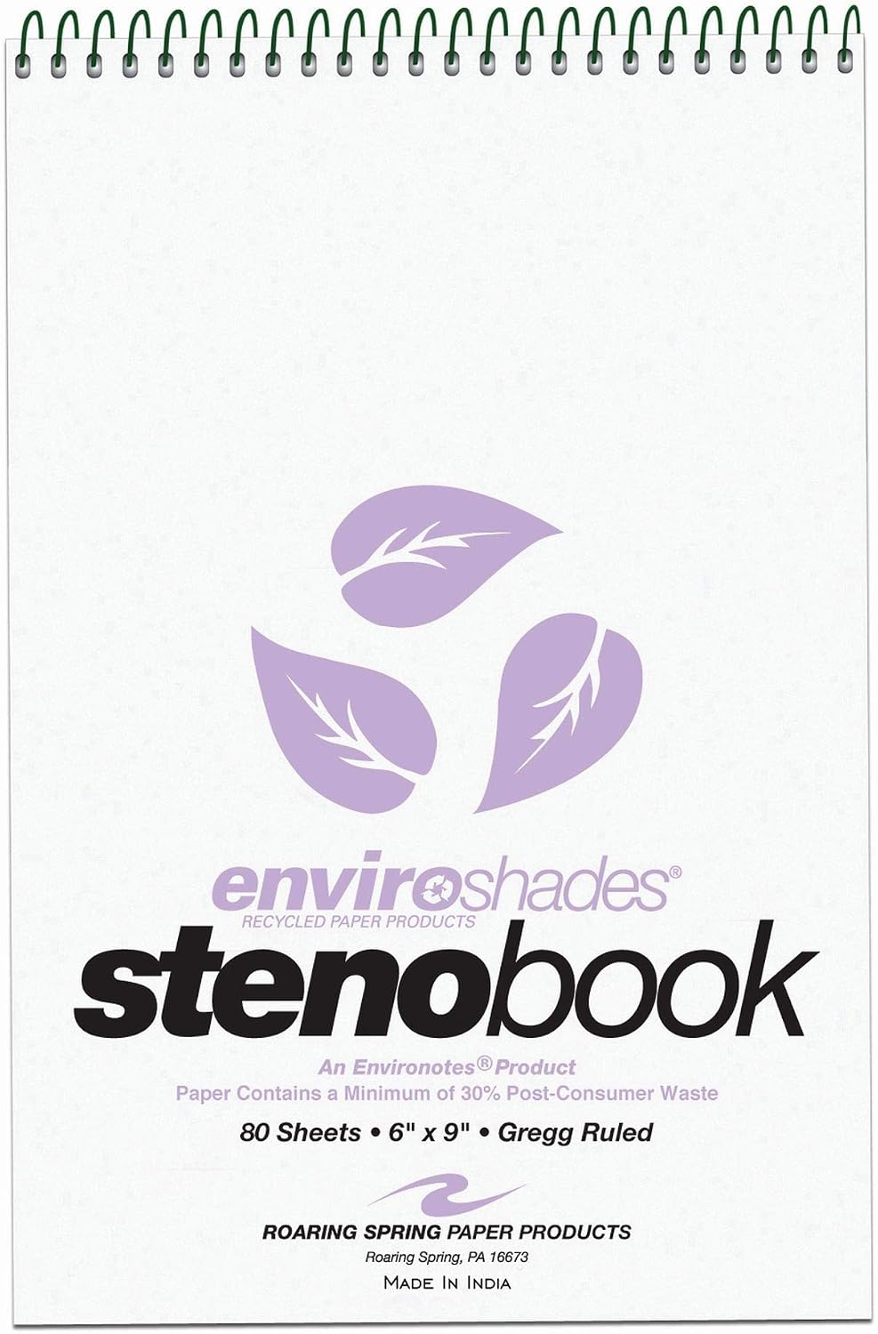 ROARING SPRING Enviroshades Colored Steno Books, 4 Pack of Memo Pads, Recycled Orchid Paper, 6" x 9", 80 Sheets, Gregg Ruled, Perforated, Wirebound, Heavy Chipboard Back