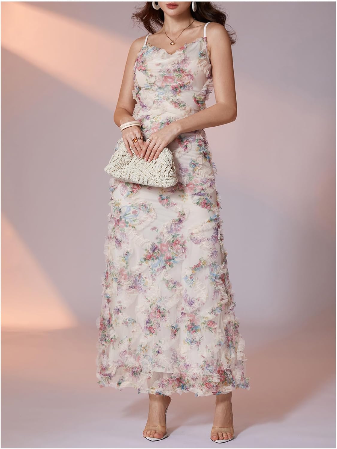 WDIRARA Women's Floral Mesh Bodycon Maxi Dress Frill Trim Sleeveless Fishtail Cami Dresses - Image 5