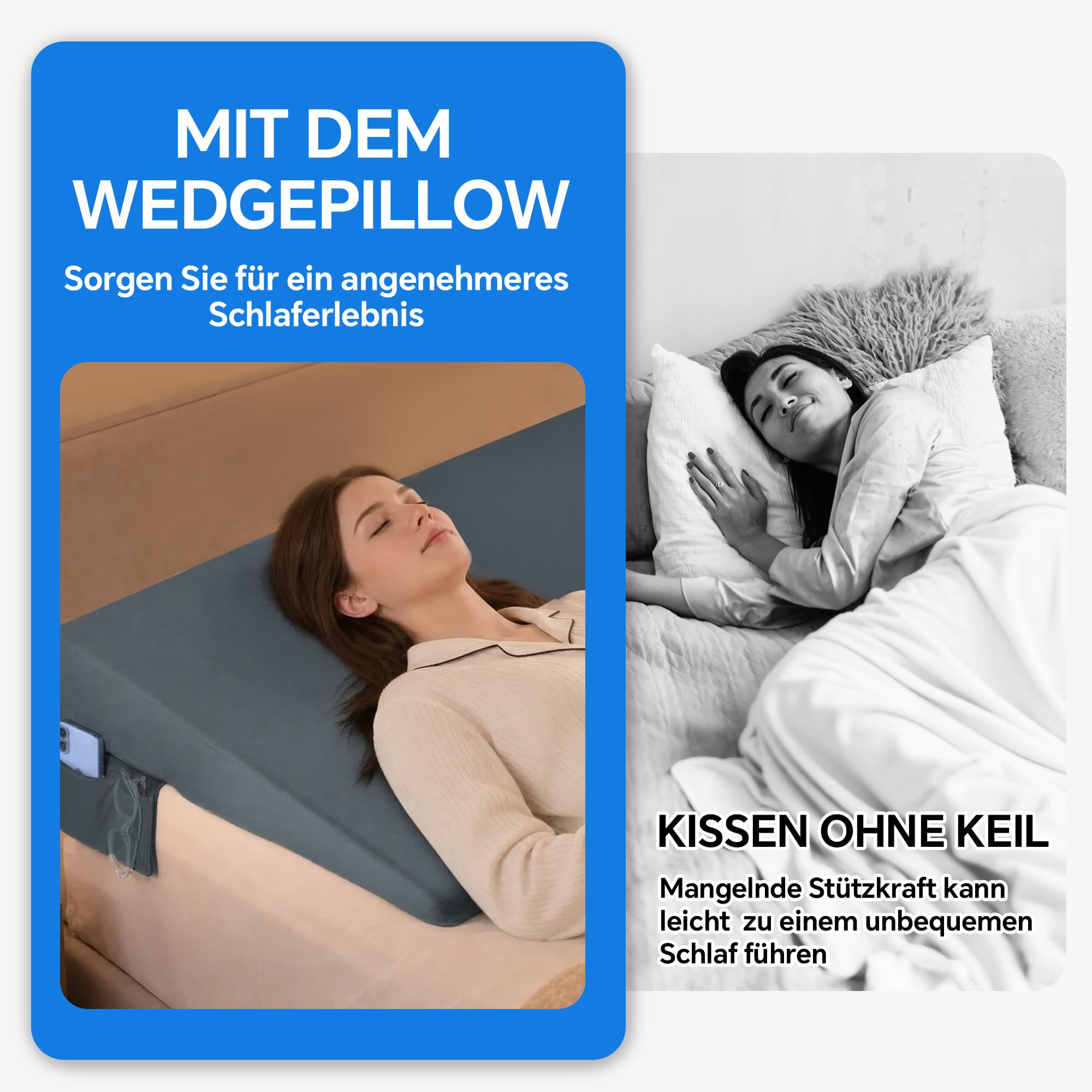 Keilkissen Kopfteil 152×59×15 cm mit Taschen, rutschfest, Grau