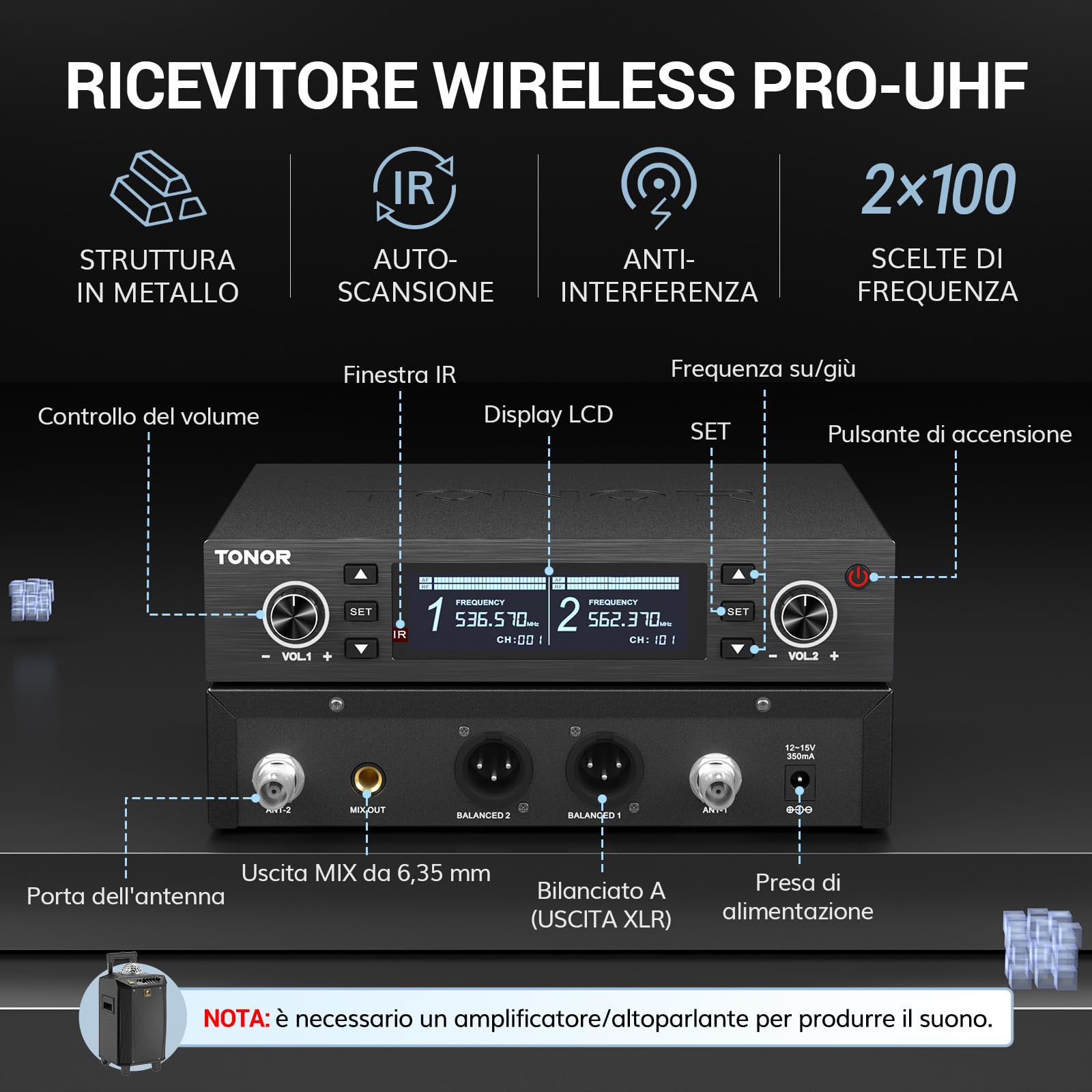 TONOR sistema microfono wireless, microfono ricaricabile professionale, microfono dinamico cordless in metallo 2x100 UHF per karaoke, chiesa, canto, matrimonio, riunione, DJ, Auto Scan, 100M, TW750