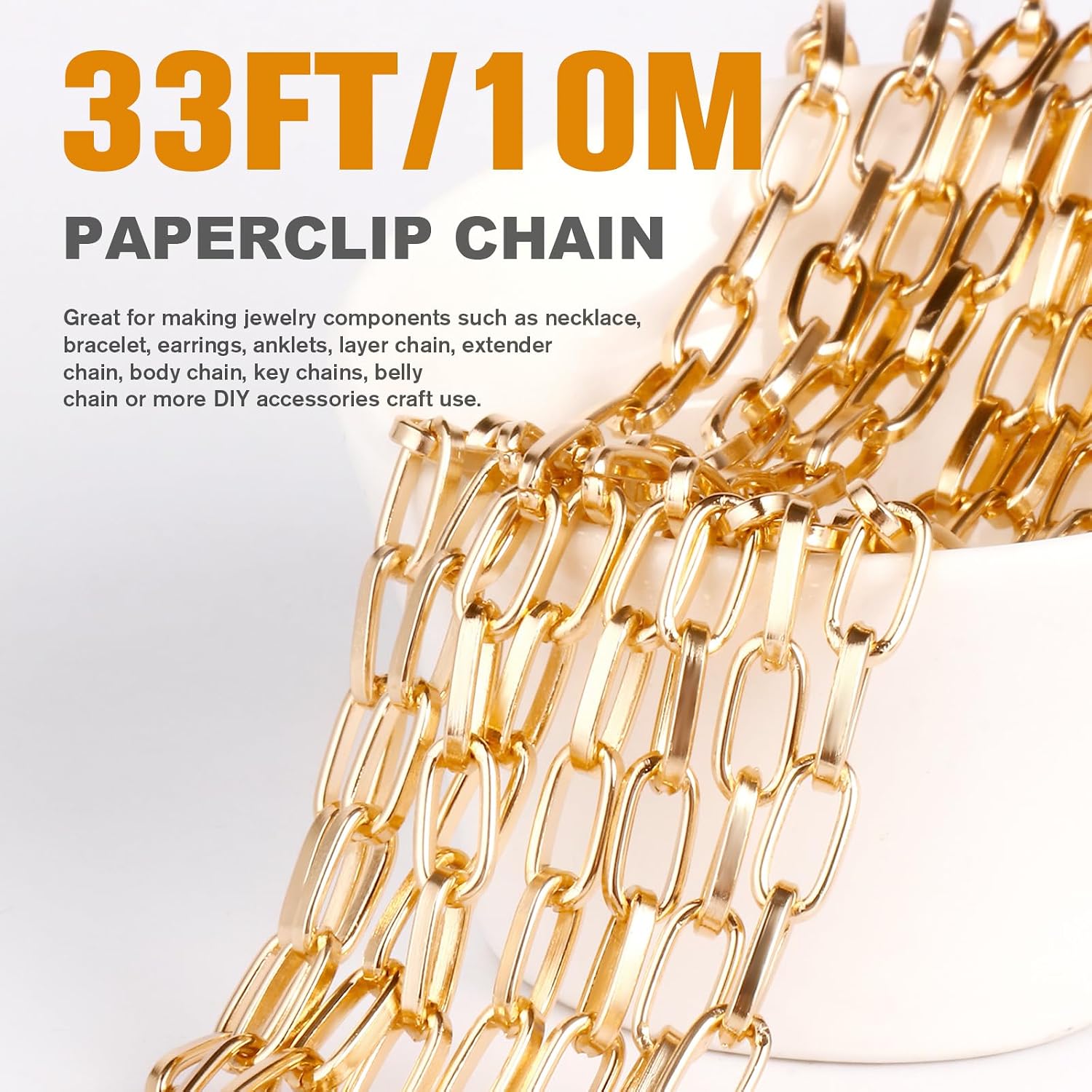 33FT Gold Paperclip Chain Roll 5.5MM Gold Plated Aluminum Paperclip Link Chains Spool Bulk for Jewelry Making