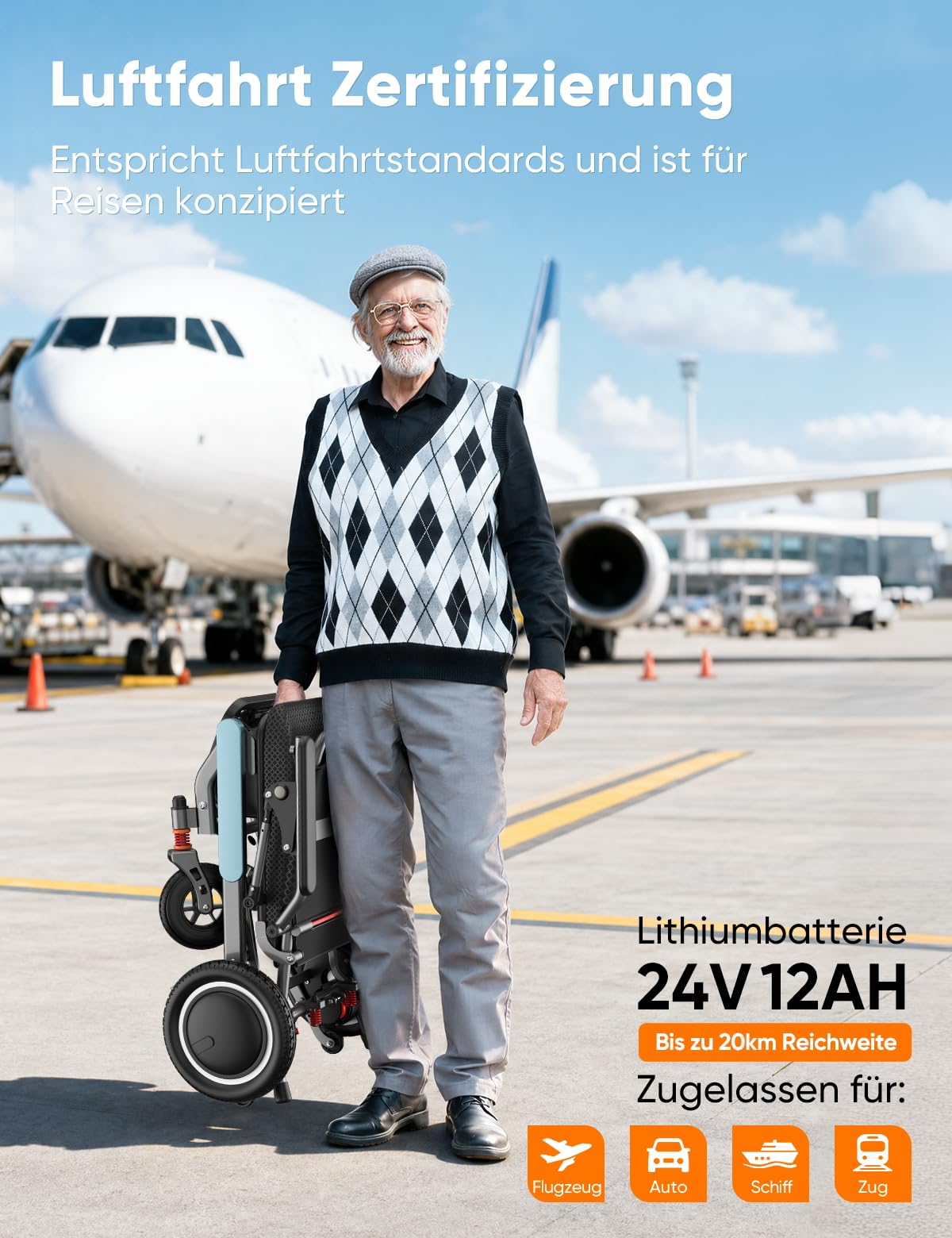 Elektrischer Rollstuhl nur 15,8 kg leicht & klappbar | 20 km Reichweite | Geländetauglich | 125 kg Tragkraft | LED-Leuchte Elektromagnetische Bremse | Ideal für Reise & Alltag