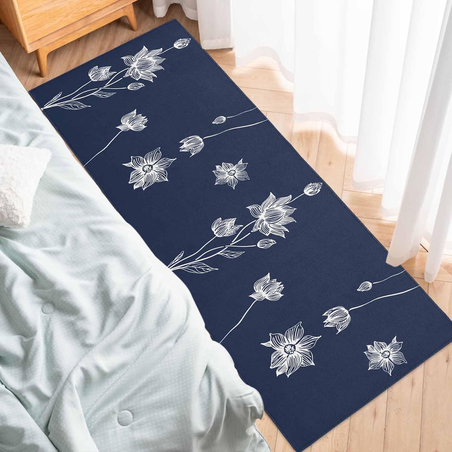 Teamery Kitchen Mats for Floor Abstract Flower Navy Blue Washable Non Slip Kitchen Rugs 1PCS, Minimalist Style Absorbent Standing Mats for Sink Bathroom Office Living Room 15.7x47.2in