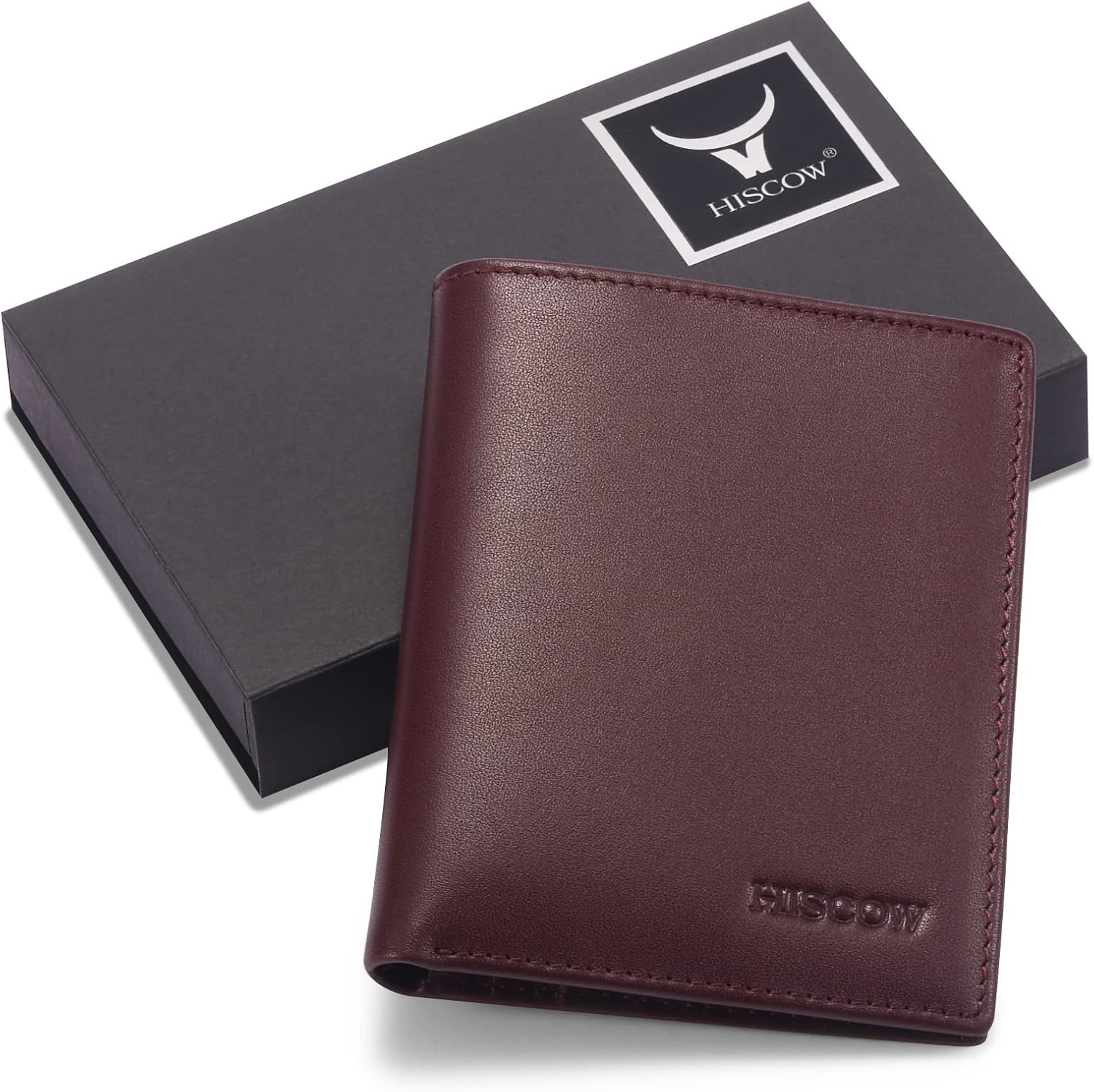 HISCOW Full Grain Leather Bifold Wallets for Men, Slim Minimalist Mens Wallet, Gifts for Dad Birthday Fathers Day (Bordeaux)