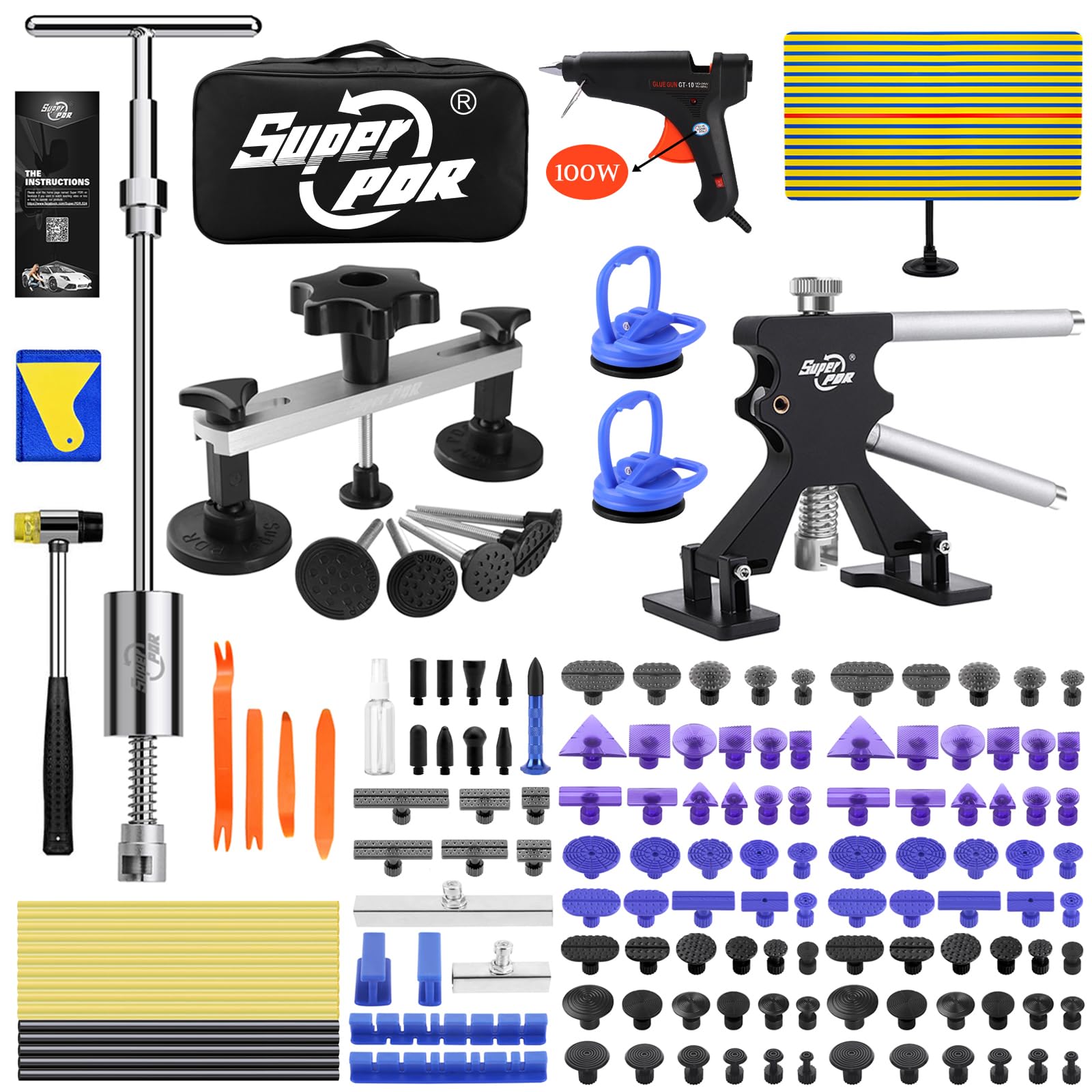 Super PDR 車のへこみプーラーキット、169ピース ペイントレスへこみ除去キット、雹のへこみ修理キットは、大きなへこみ、小さなへこみ、へこみ、雹の損傷を修復するために30分で車のへこみの99%を除去できます