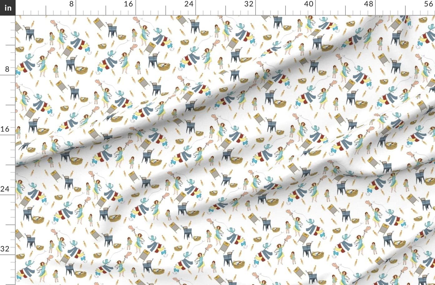 Spoonflower Fabric - Laundry Day Room Vintage Mom Nursery Kitchen Mother Child White Blue Printed on Organic Cotton Sateen Fabric by The Yard - Sewing Quilting Apparel Home Decor