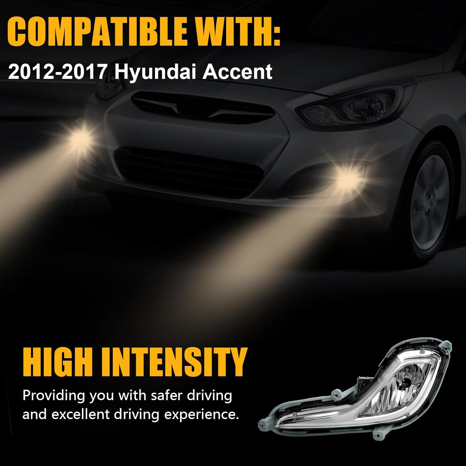 Halogen Fog Lights for 2012-2017 Hyundai Accent, Front Bumper Replacement Lamps with Wiring Harness, Clear Lens, Weather Resistant, Improves Visibility