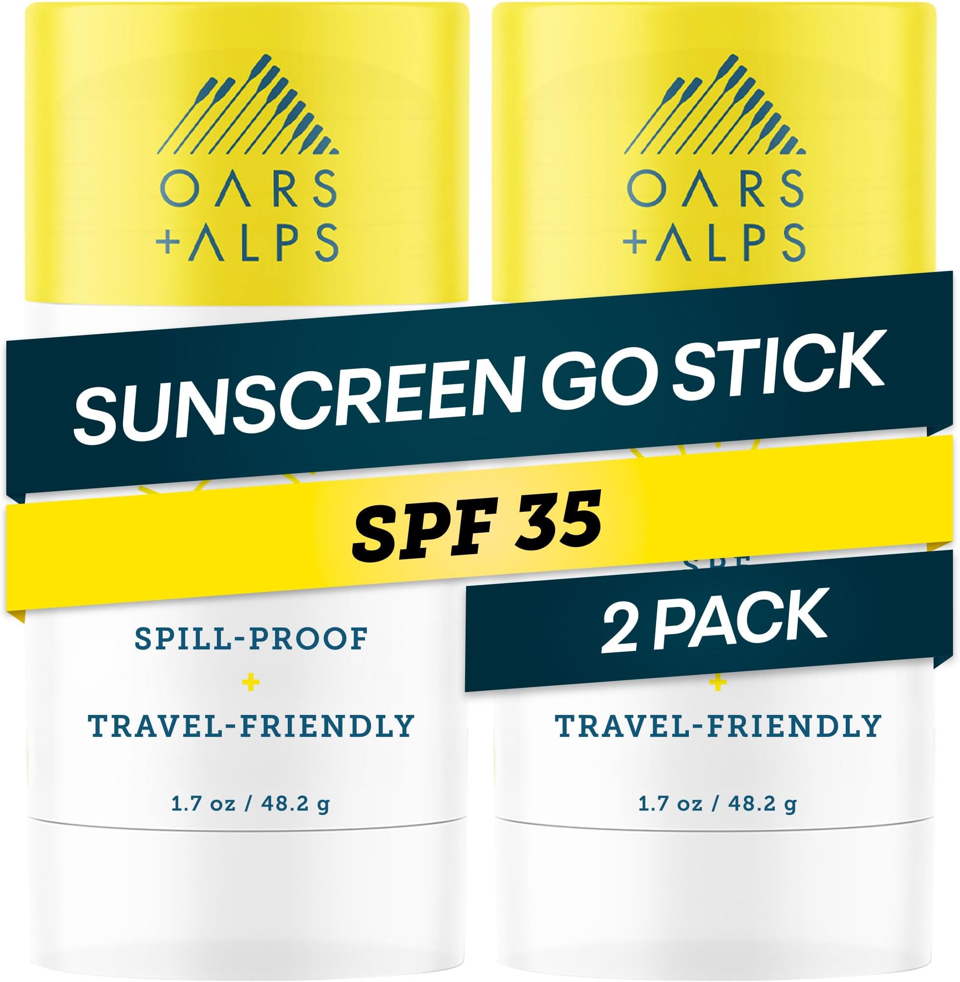 - Oars + Alps Clear Face Sunscreen Stick, SPF 35 Travel Sunscreen Roll On for Face & Body, SPF Stick with Vitamin E & Antioxidants, Water & Sweat Resistant, All Skin Types, Moisturizing, 1.7oz, 2pk