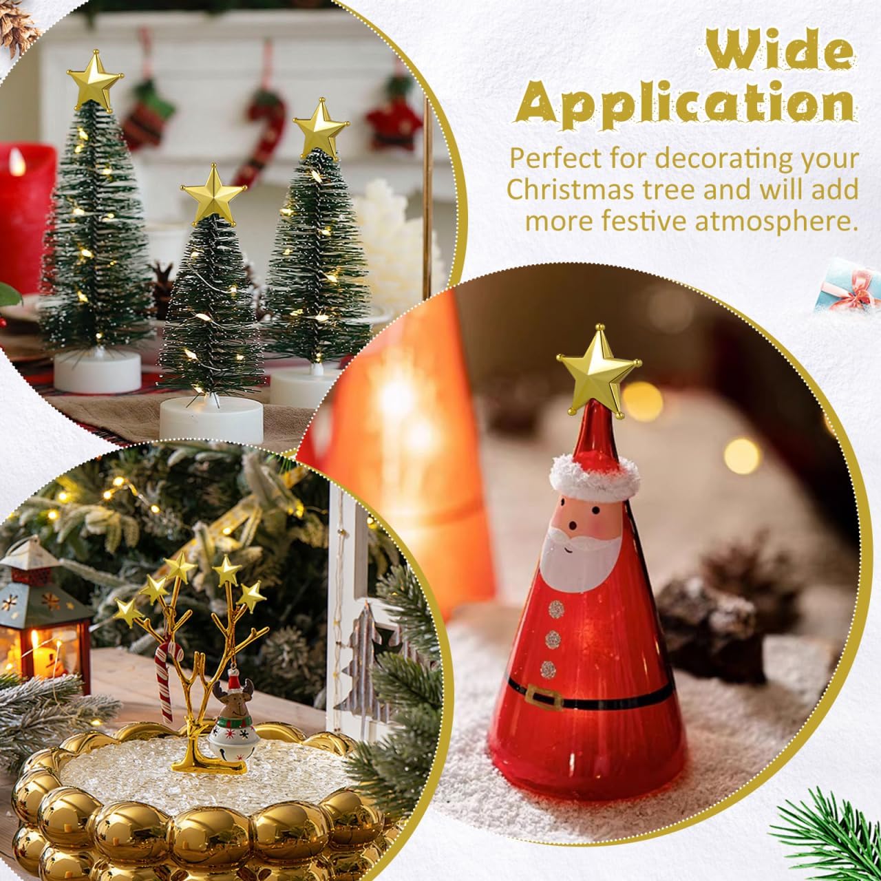 PRETYZOOM 50pcs Mini Golden Christmas Tree Topper Stars with Inner Treetop Decor for Home Party Festival Craft Ornaments