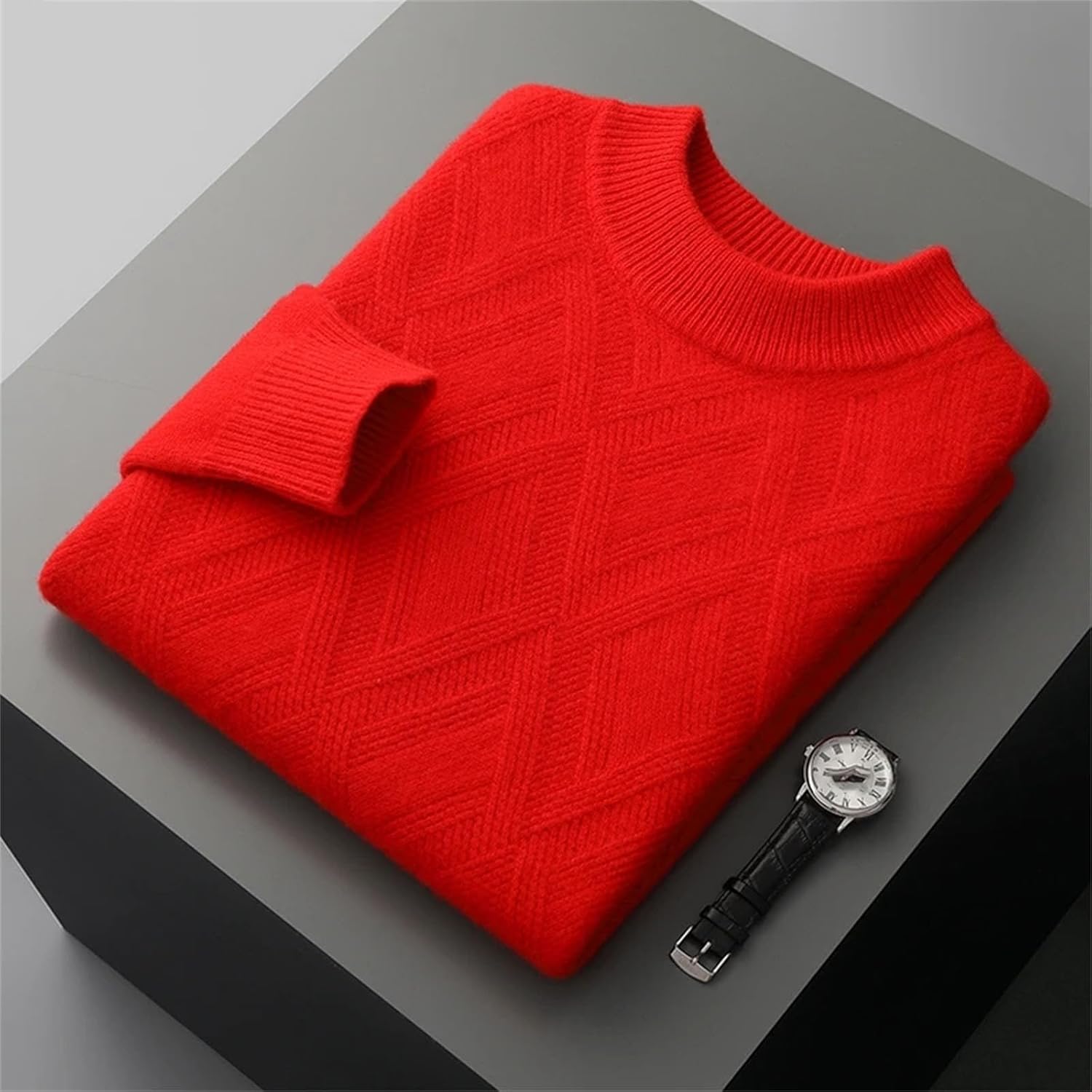 Men's 100% Cashmere Sweater Winter Half-Neck Thicken Pullovers Casual Tops Diamond Knit Base Shirt Large Size