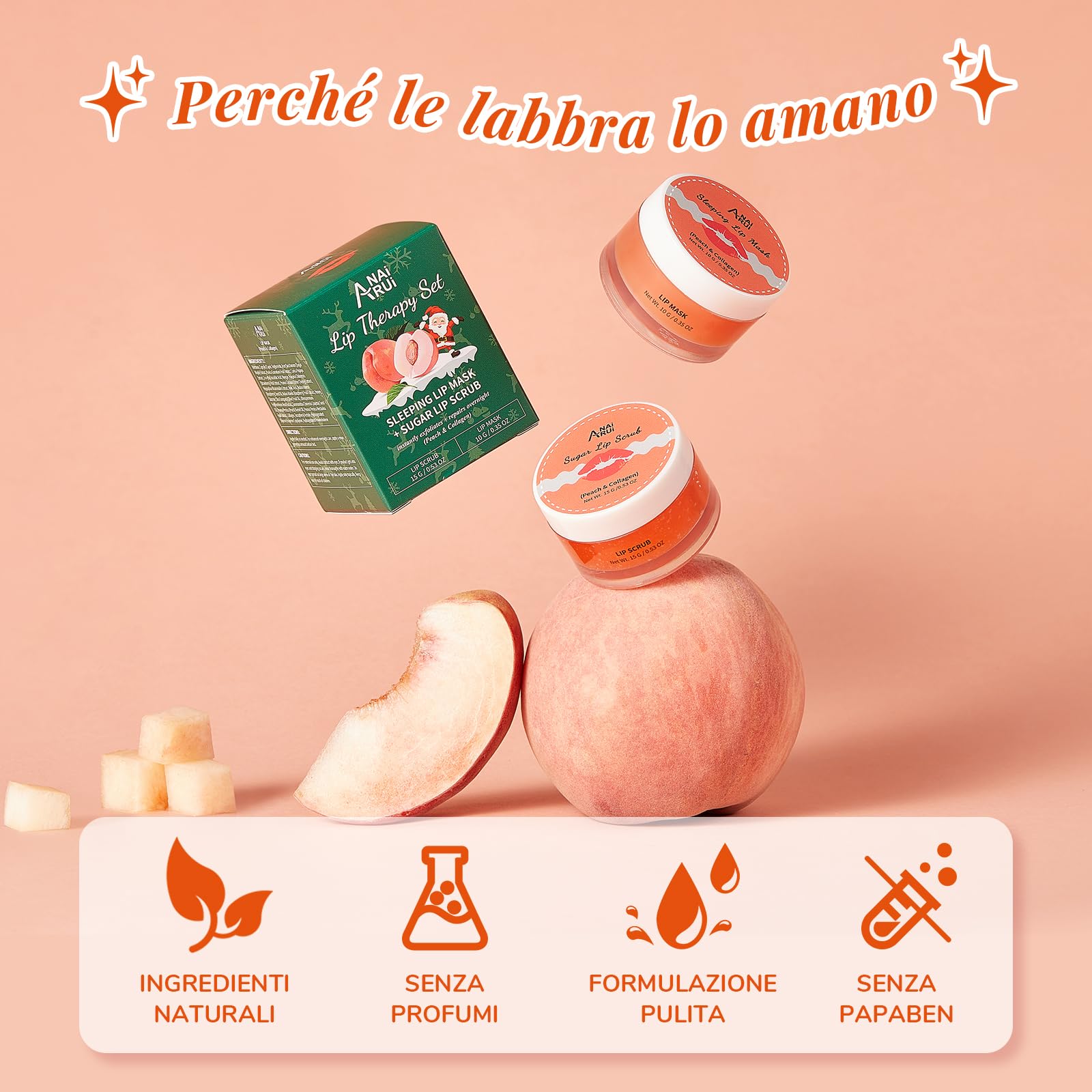 ANAiRUi Set Idee Regalo Natalizio, Set maschera labbra ed esfoliante al pesca + collagene, appositamente formulati per labbra secche, screpolate e desquamate