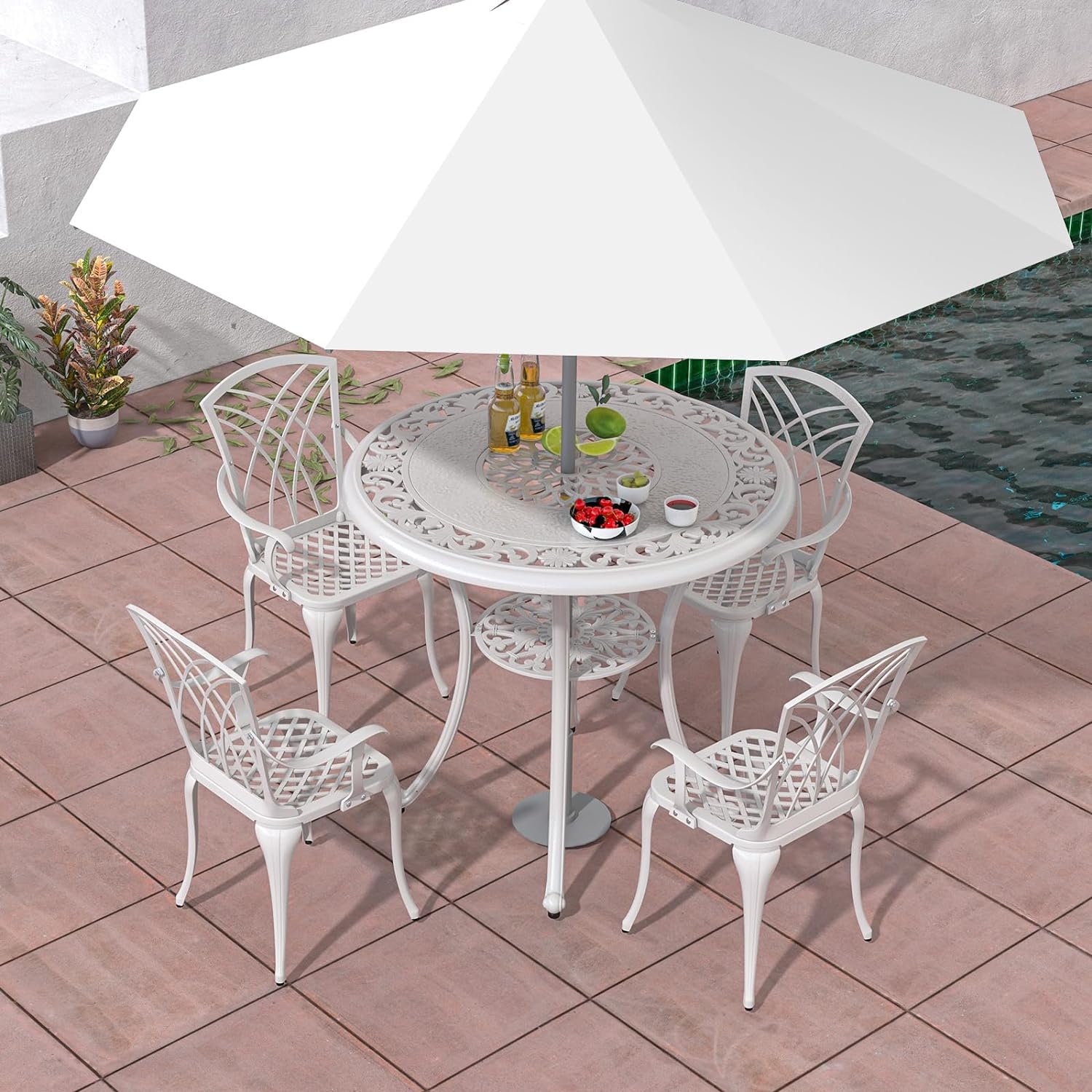 GIANTEX Conjunto de Mesa de Jardín 5 Piezas, Silla de Hierro Fundido de Aluminio, Mesa Bistro para 4 Personas, Agujero de Sombrilla Dia. 5 cm, para Terraza, Balcón