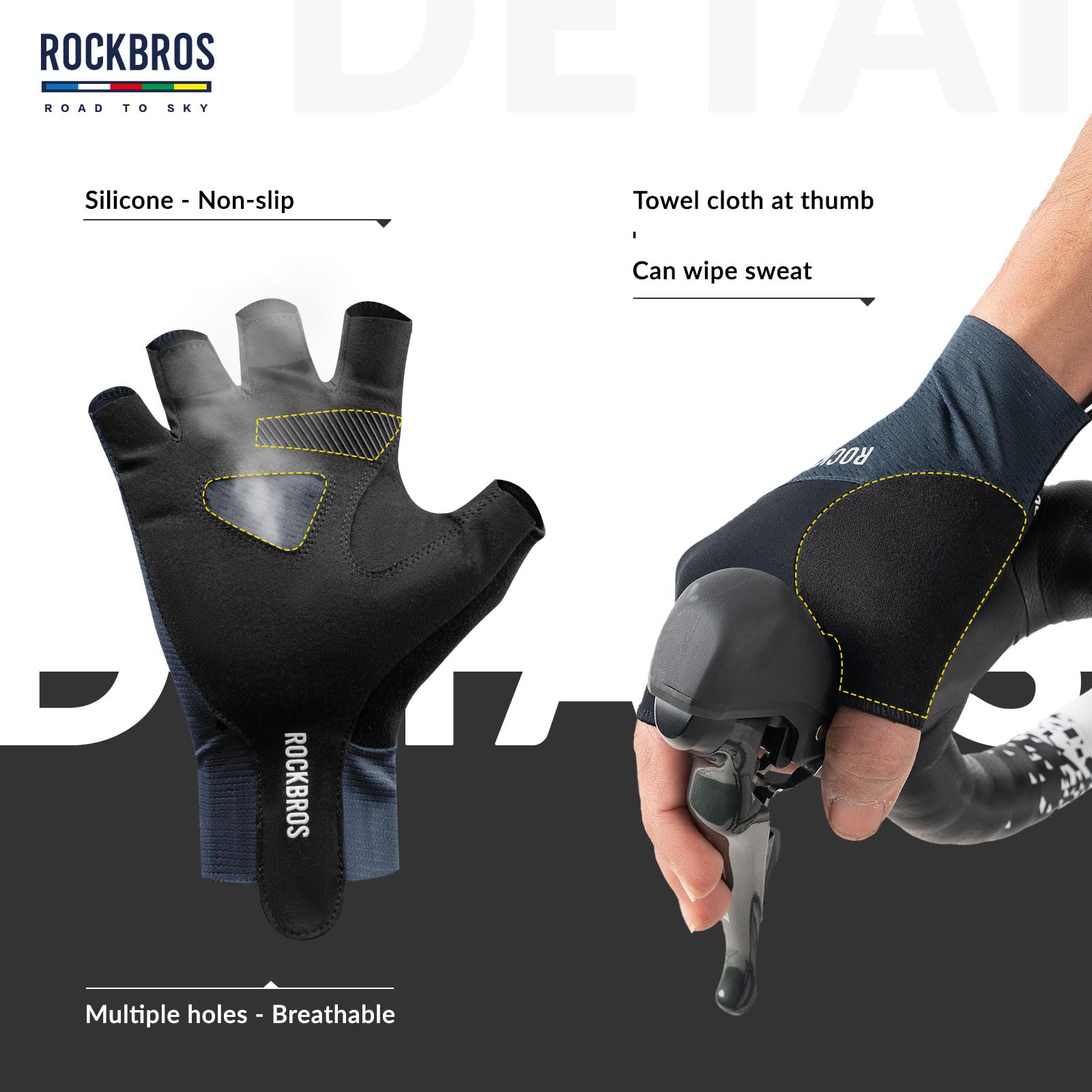 ROCKBROS Road to Sky Gants Cyclisme Homme Femme Demi-Doigts Gants VTT Respirant Antidérapant Réfléchissant Mince Printemps été Gants Court Scooter Vélo électrique Pliable Route Course Sport