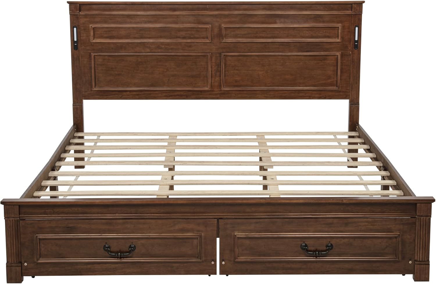PVWIIK King Bed Frame with LED Light and Storage Drawers,Heavy Duty Pinewood Bed with Tall-Panel Headboard & Charging Station,Wood Slats, Noise Free, Easy Assembly,Walnut