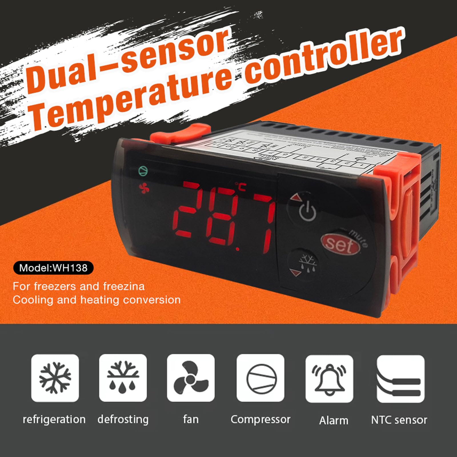 Termostato con sensori per celle frigorifere con controllo della temperatura Riscaldamento Modalità raffreddamento Display LCD Costruzione in ABS Termostato a doppio sensore