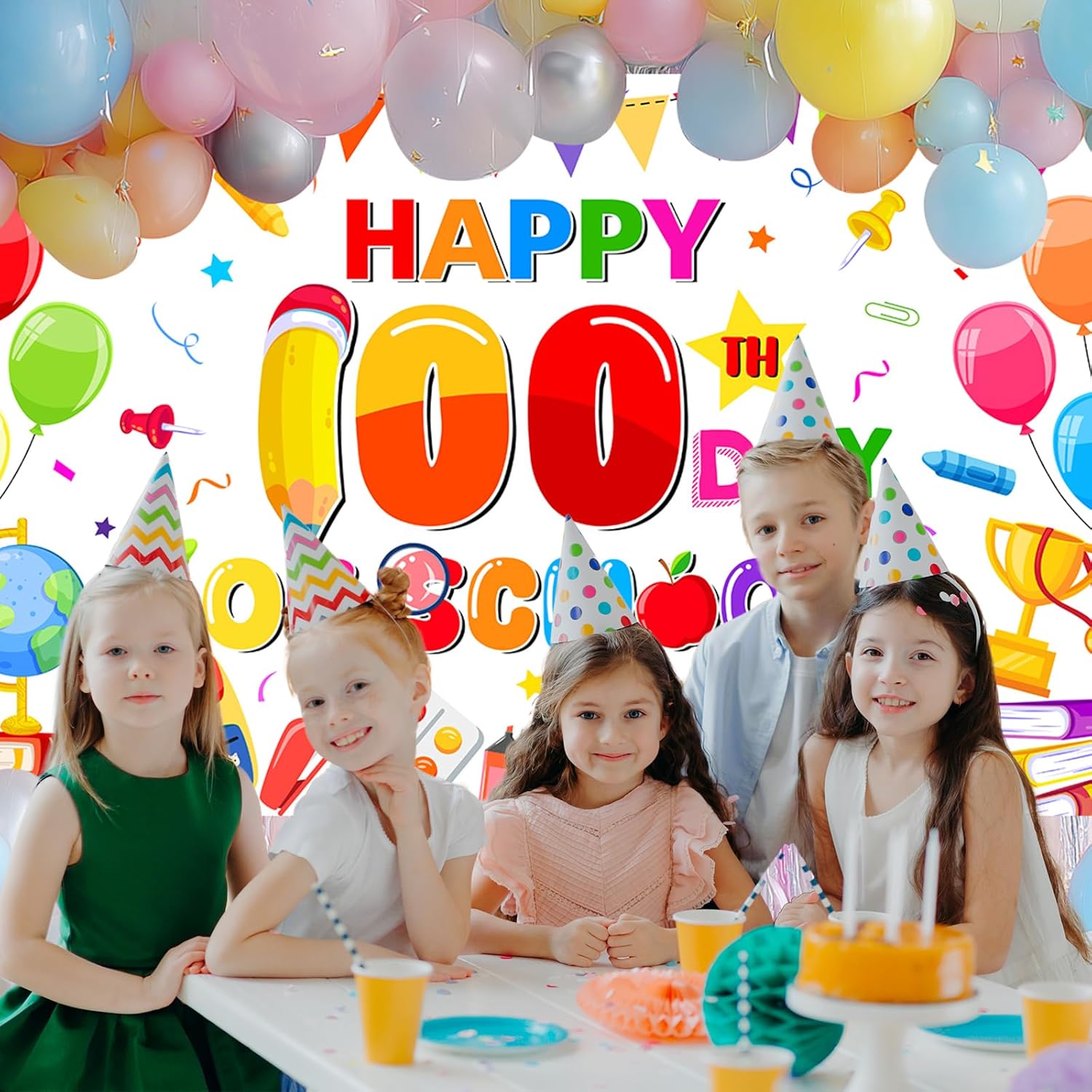 Avezano 100th Day of School Banner Colorful Happy 100th Day of School Backdrop Decorations for Kids School Classroom Party Supplies (White, 7x5ft)