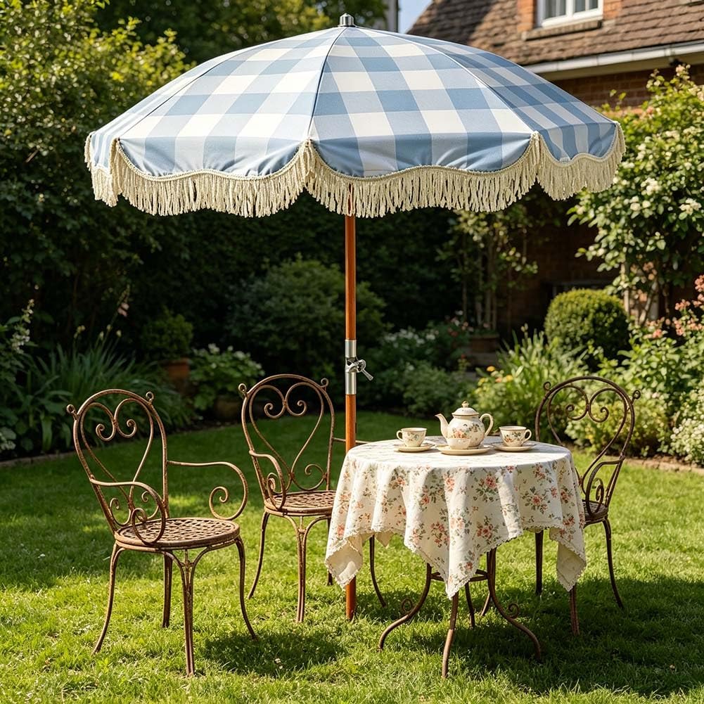 200 cm Parasol Plażowy Boho z Frędzlami, Parasol Przeciwsłoneczny z Pochylanym Drewnianym Drążkiem do Ogrodu, na Podwórko, na Basen
