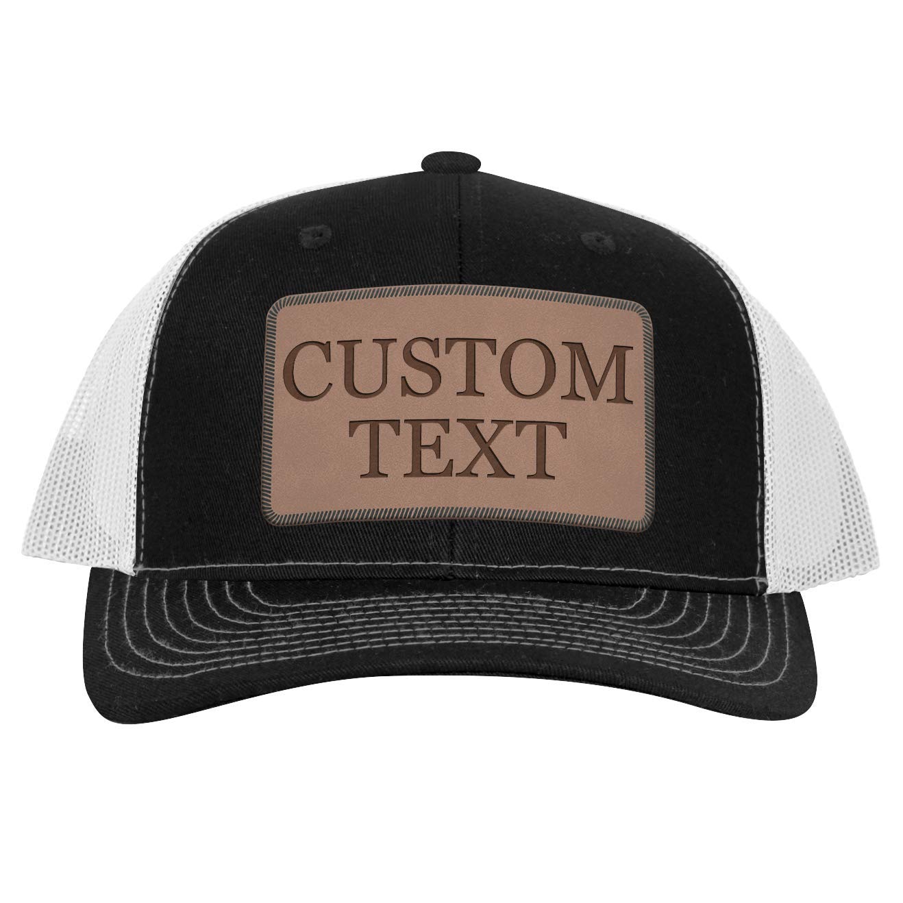 Custom Engraved C112 Trucker Hat - Leather Dk Brown Patch CP07, Blackwhite