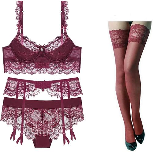Women's Sexy Push Up Embroidery Lace Bra and Panties Lingerie Set (Suspender Garter Belt & Stockings Optional)