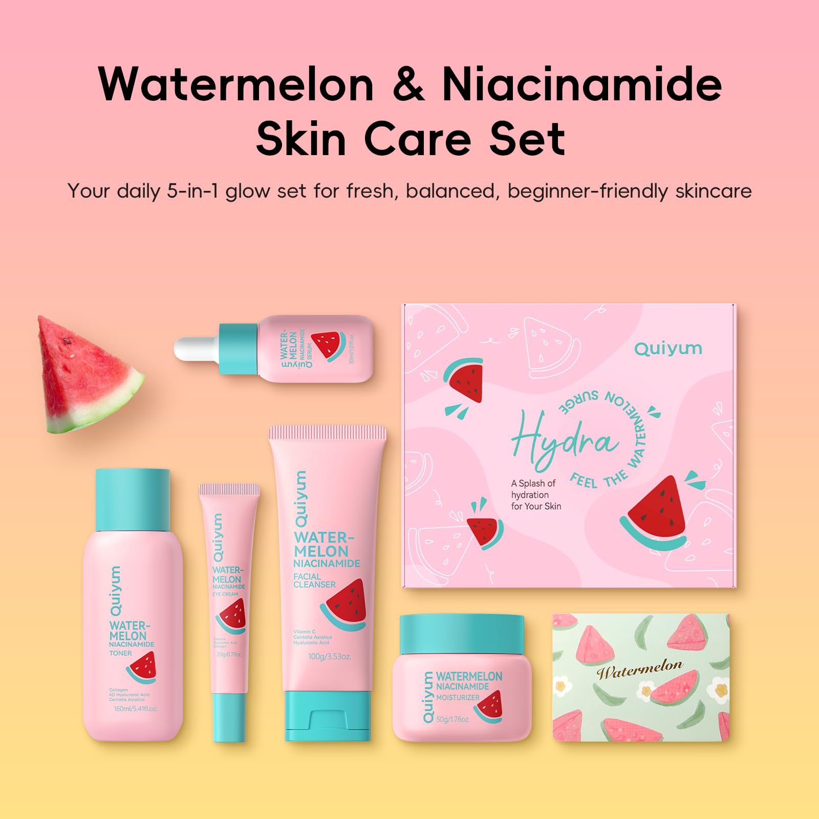QUIYUM Coffret Soins Visage Pastèque et Niacinamide, Coffret Cadeau pour Adolescents et Femmes, Skincare Routine Hydratant Glow Up, Nettoyant, Tonique, Crème Contour des Yeux, Crème et Sérum