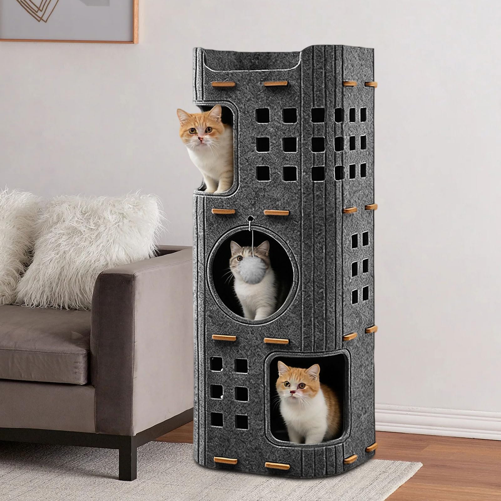 Grotta per gatti in feltro, grande letto per gatti con tavola tiragraffi e palla da gioco, per interni di piccoli gatti, protezione delle unghie dei gatti, design caldo, grigio (grigio a tre strati)