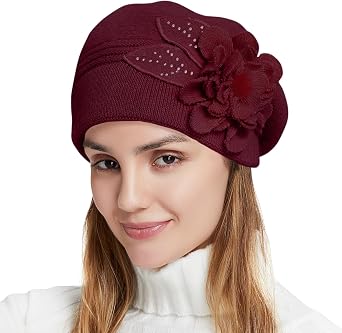 Flower Women Beret, Double Layer Thickened Winter Knitted Beanie Beret Hat, Stylish French Dress Beret Hats for Women