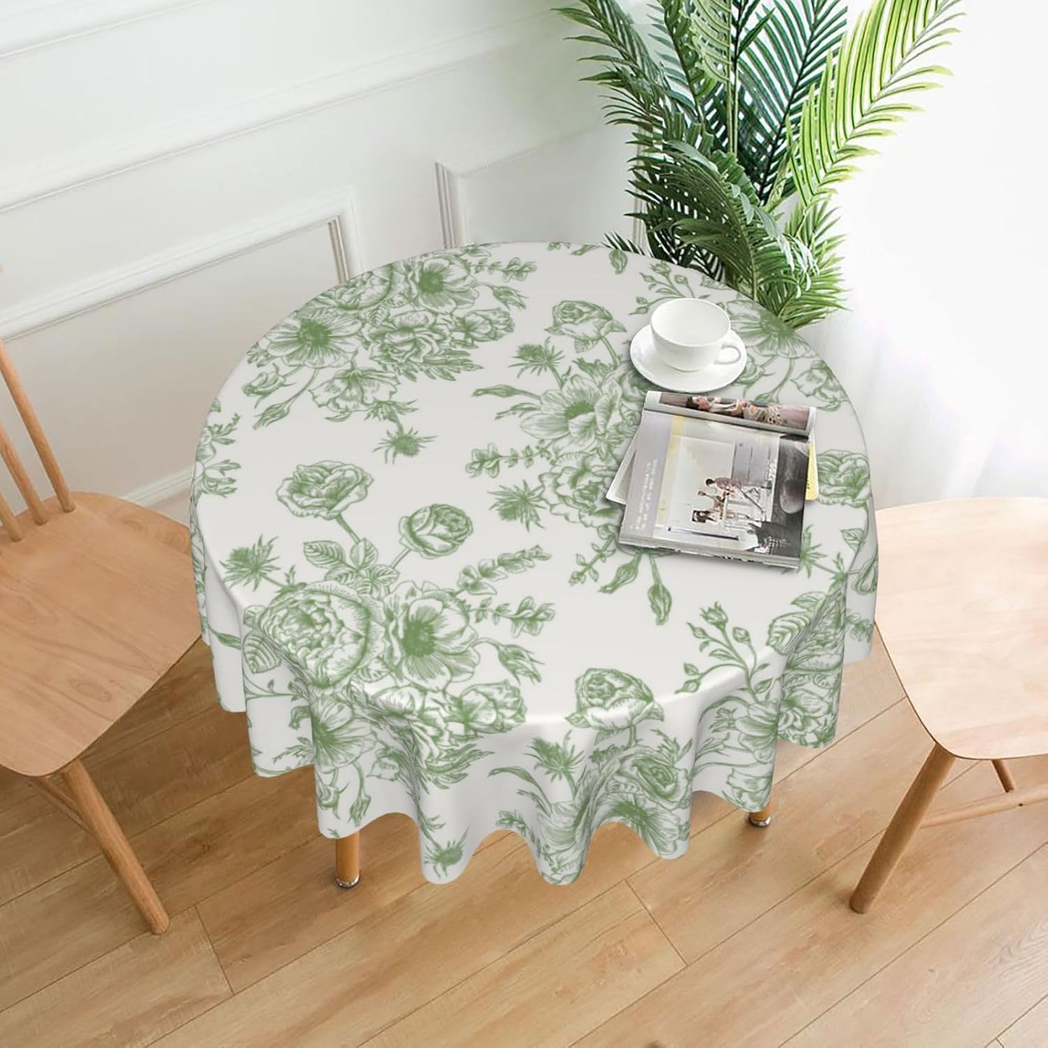 Spring Sage Green Floral Tablecloth Round 70 x 70 Inch Chioniserie Flowers Table Cloth Polyester Fabric Vintage Farmhouse Table Cover for Kitchen Party Dining Picnic Outdoor Decor - Image 2