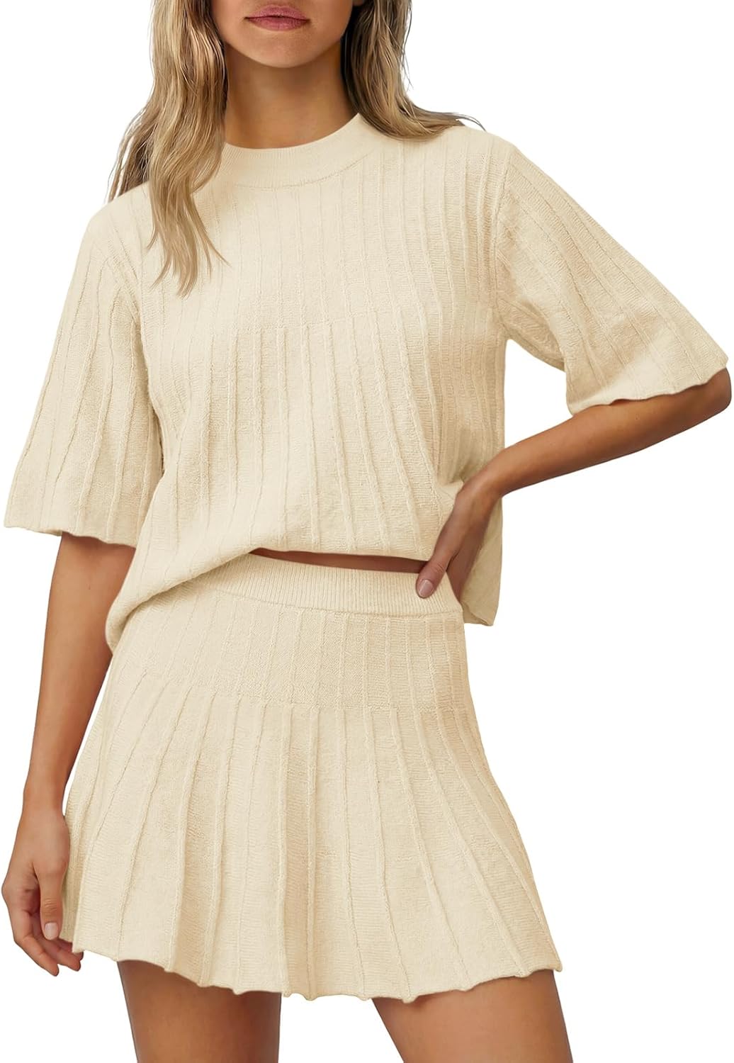 Saodimallsu Womens Sweater Sets 2 Piece Outfits Summer Half Sleeve Ribbed Knit Top and Pleated Skirt Set Lounge Set