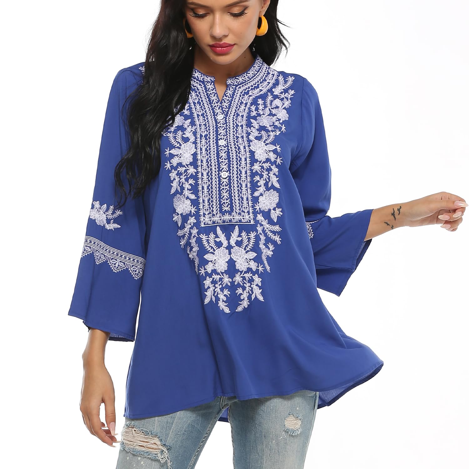 Blusa de verano para mujer, estilo bohemio, bordado mexicano, cuello en V, manga corta, estilo bohemio, túnica, folklore hippie