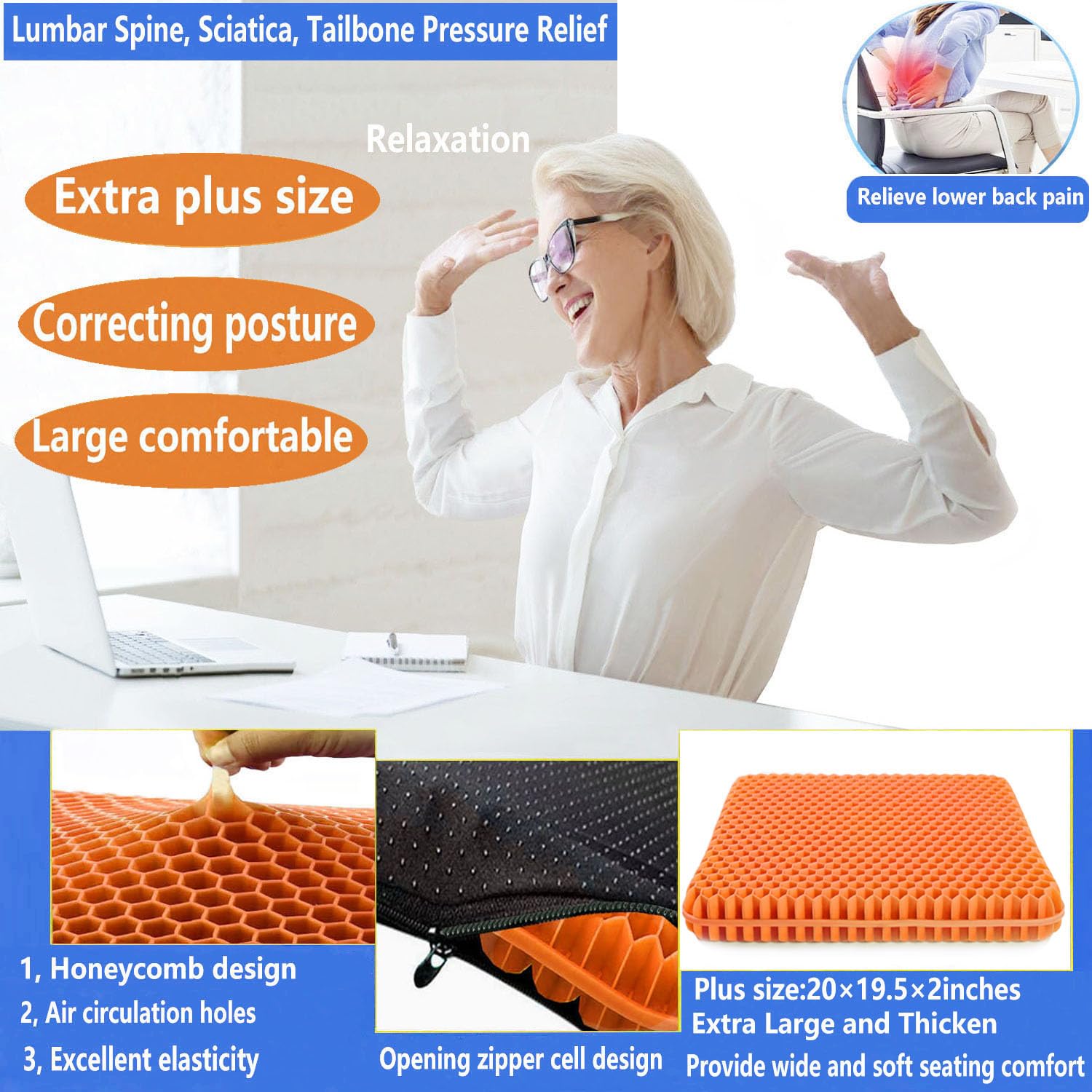 Cuscino da seduta in gel per lunghe sedute, extra large e spesso, per schiena, fianchi, sciatica, coccige, sollievo dal dolore per sedie da ufficio, sedie a rotelle, auto, stadio, candeggina, viaggi.