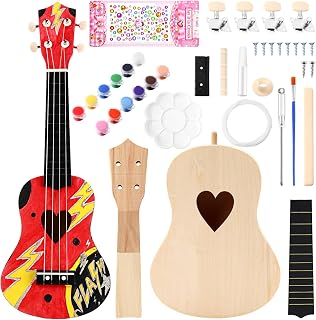 Boao DIY Guitar Kit 21 Inch Make Your Own Ukulele DIY Kit with Installation Tools Soprano Guitar Build Craft Unfinished Wooden Ukulele Crafts for Amateur Beginner Little Ones(Heart)