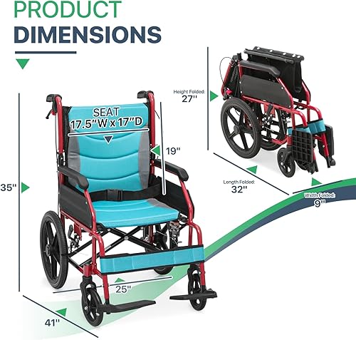 Miniatura 2 de Magshion Silla de ruedas de transporte plegable para adultos de 250 libras, silla de transporte ligera para personas mayores, silla de ruedas