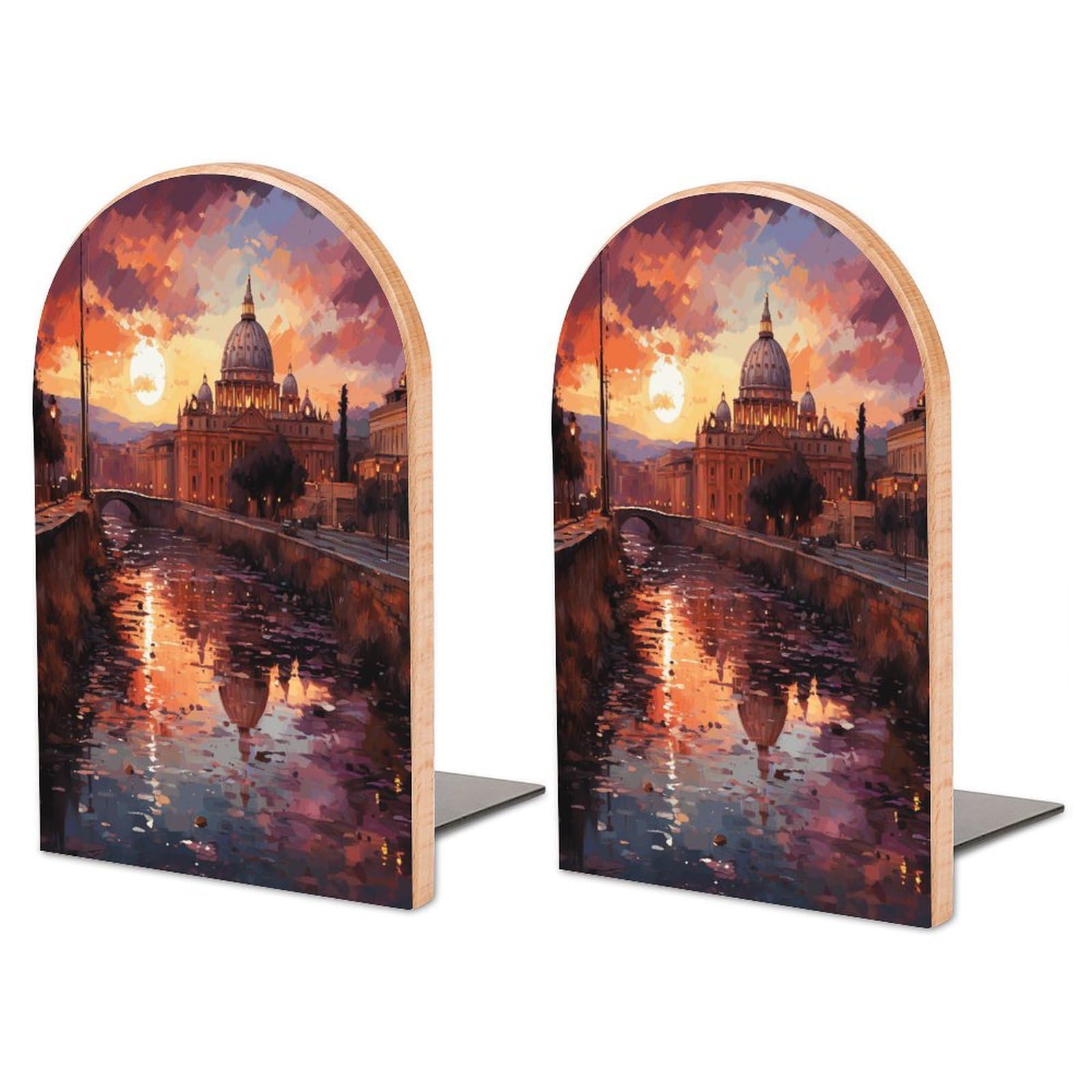 Sujetalibros de madera y metal Rome con diseño de puesta de sol para estanterías