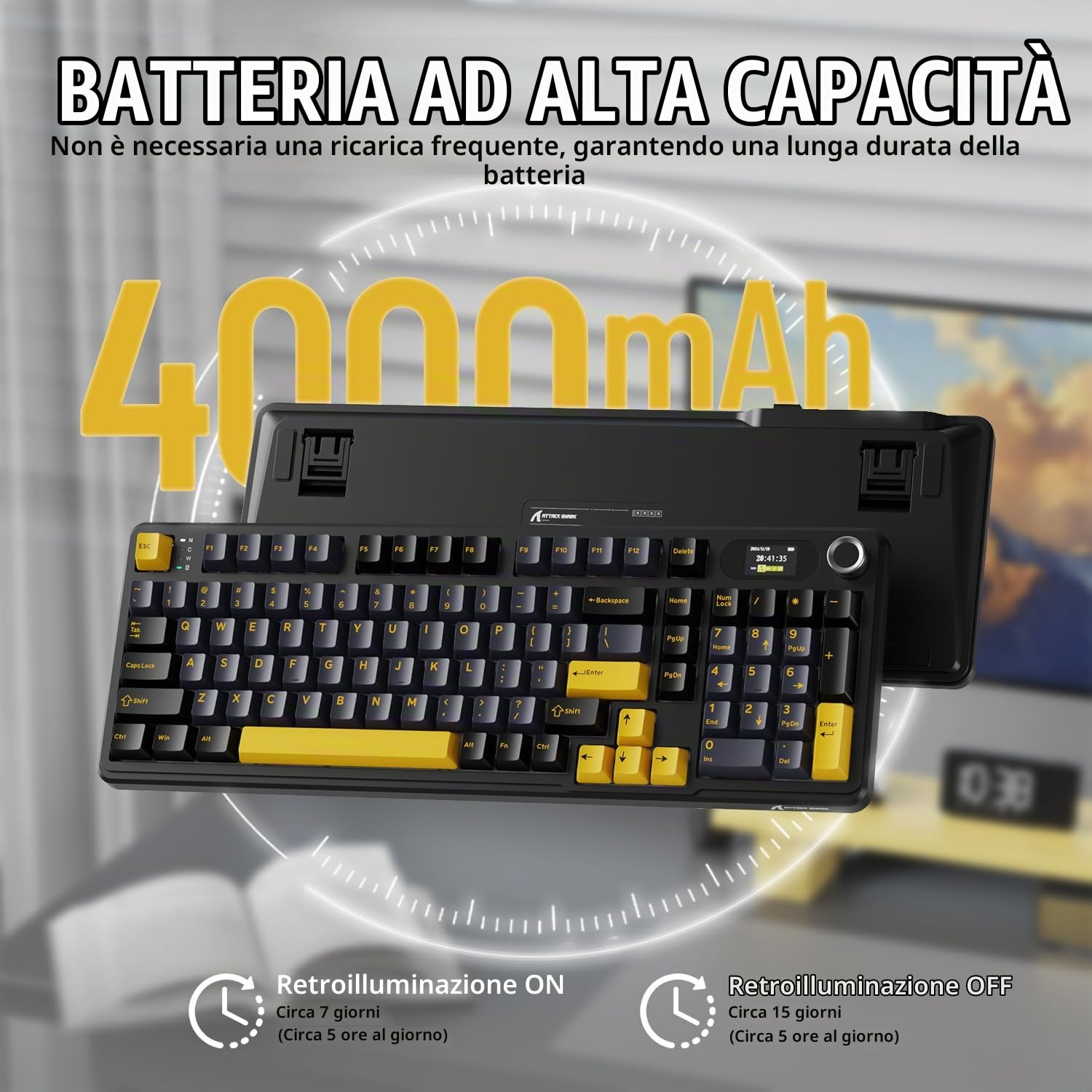 ATTACK SHARK X98PRO Gasket Tastiera da gioco meccanica, BT/2.4G Wireless/USB-C, schermo LED e manopola CNC, RGB Backlit, interruttore lineare hot-swap a 98 tasti, 4000mAh, per PC, MAC-Nero