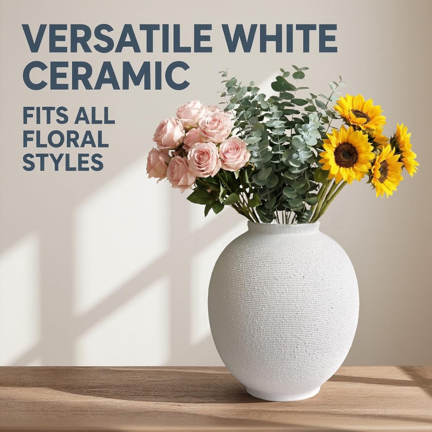 White & Round Ceramic Vase Home Decor, Large Farmhouse Table Vases Rustic Living Room Entrway Kitchen Bedroom Decorations， Minimalist Hand-Made Textured Vase (9.8”H Sandstone White)