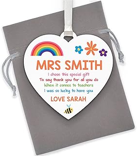 PERSONALISED Teacher Thank You Gifts - Teacher Appreciation Gifts - End of Term Gifts for Teaching Assistant, Key Worker - Rainbow Gifts for Teachers Hanging Wooden Heart Plaque Gifts - With Grey Bag