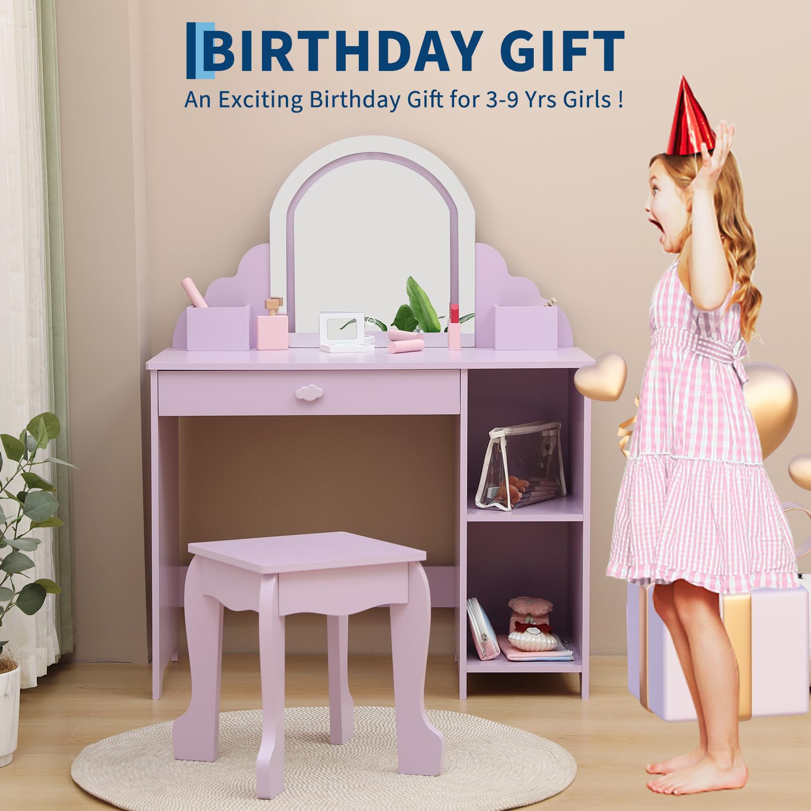 Garvee Kinder-Kosmetiktisch Mit Beleuchtungsspiegel & Hocker – Schminktisch Für Kleine Mädchen Inklusive Holz-Kosmetikset, Verstellbarer LED-Beleuchtung, Für Mädchen Von 3-9 Jahren
