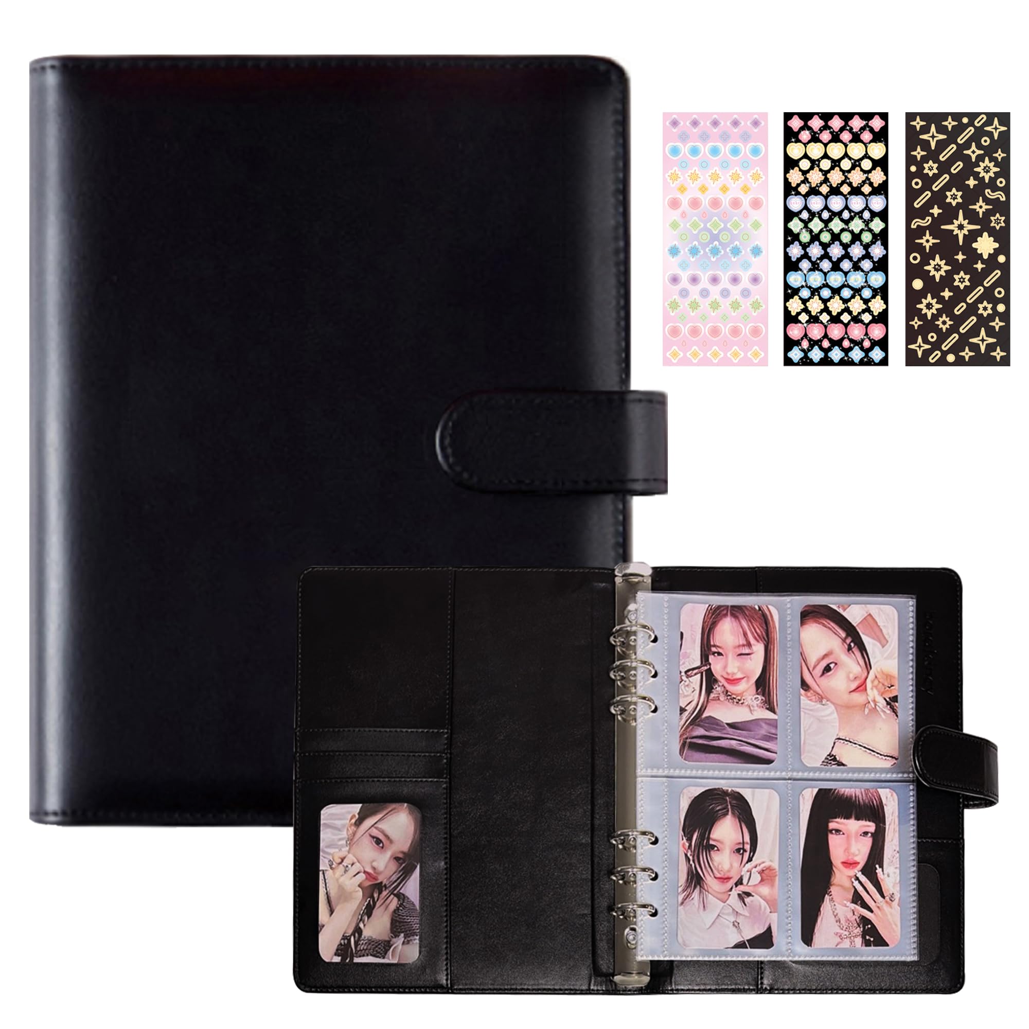 Carpeta A5 Kpop para tarjetas fotográficas con 240 bolsillos, álbum para tarjetas fotográficas con 30 fundas de doble cara para tarjetas fotográficas, 6 anillas de piel sintética, bonito libro