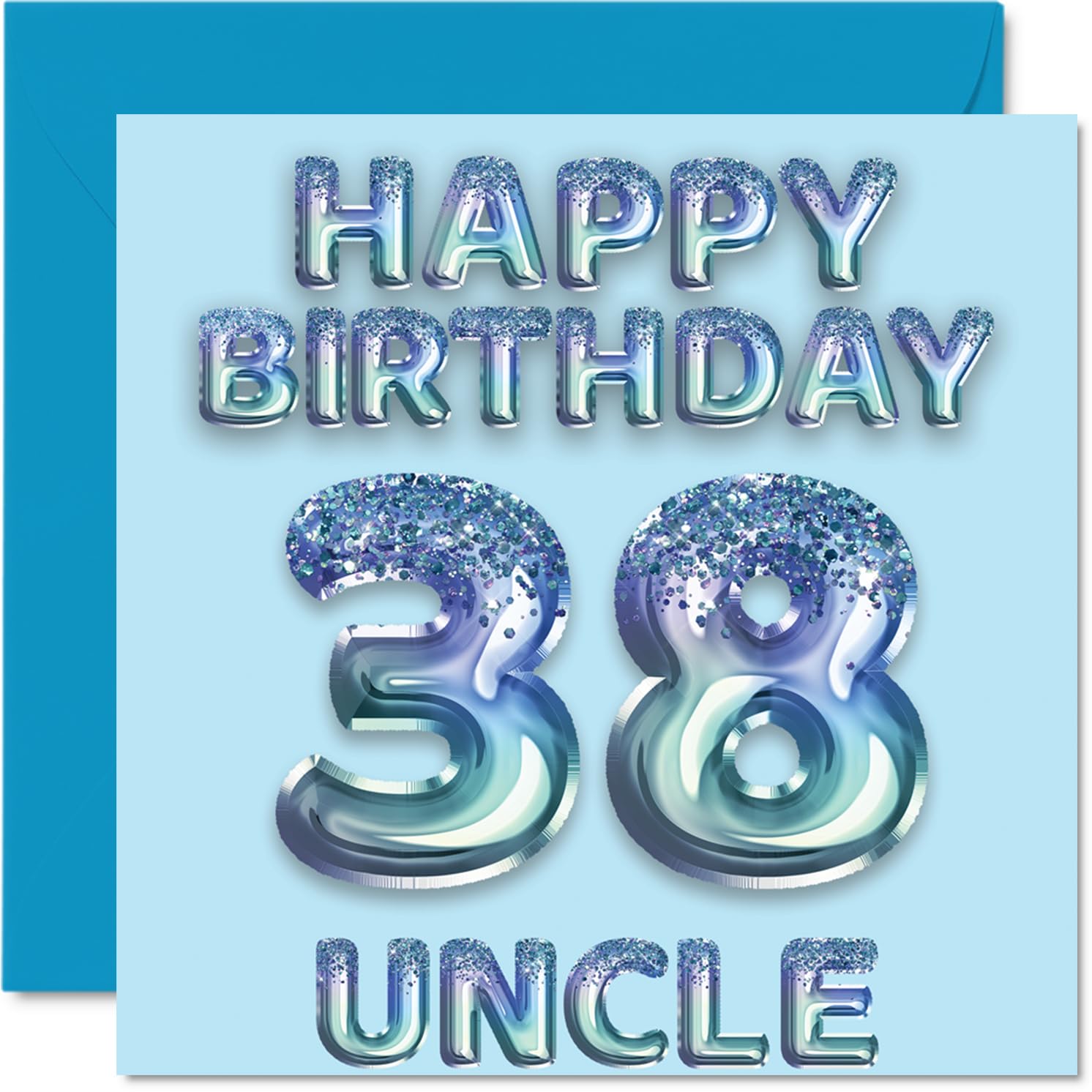 38th Birthday Card for Uncle - Blue Glitter Party Balloons - Happy Birthday Cards for 38 Year Old Uncle from Nephew Niece, 145mm Bday Greeting Cards Gift