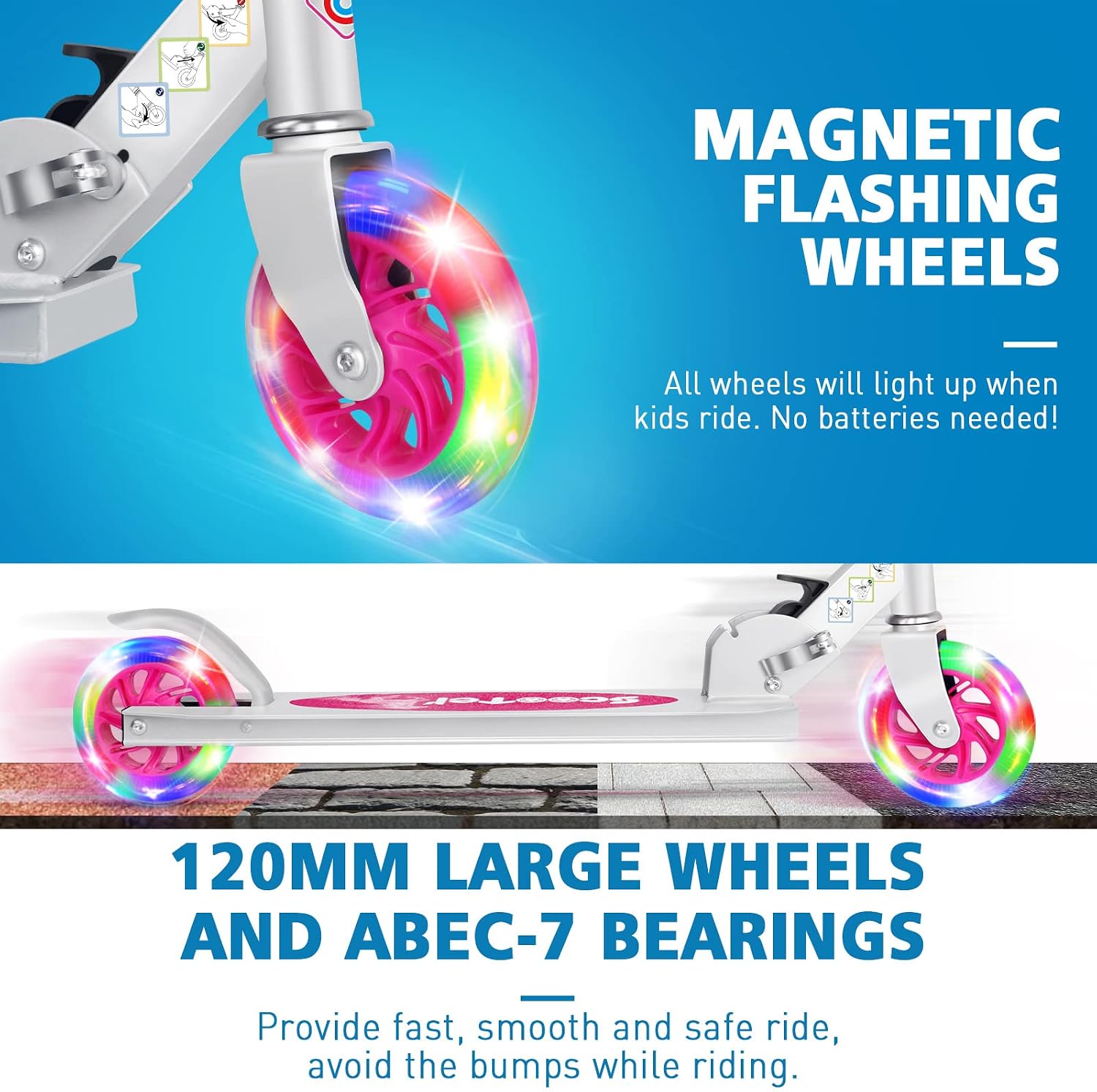 beleev v1 scooters for kids, 2 wheel folding kick scooter for girls boys, 3 adjustable height, light up wheels, lightweight scooter with sturdy frame, kickstand for children 3 to 12 years old pink
