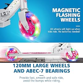 BELEEV V1 Kids Scooters for Girls, 2 Wheel Folding Kick Scooter with Light Up Wheels, 3 Adjustable Height, Lightweight Push Scooter with Kickstand for Children 3 to 12 Years Old (Pink)