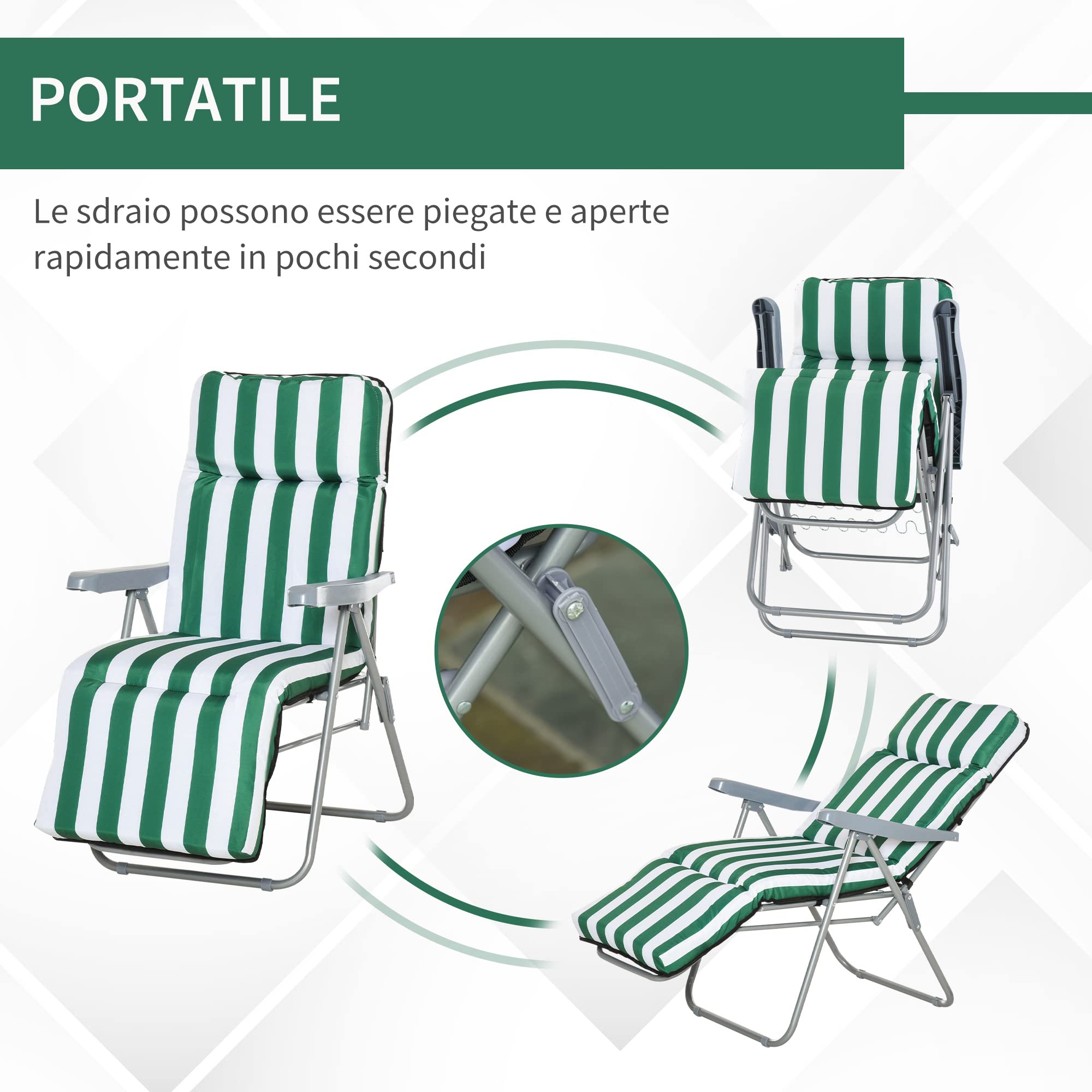 Outsunny Sedia Sdraio da Spiaggia da 2 Pezzi Pieghevole Verde e Bianco | Lettini Prendisole, Sdraio da Giardino, Reclinabile, con Cuscino Imbottito