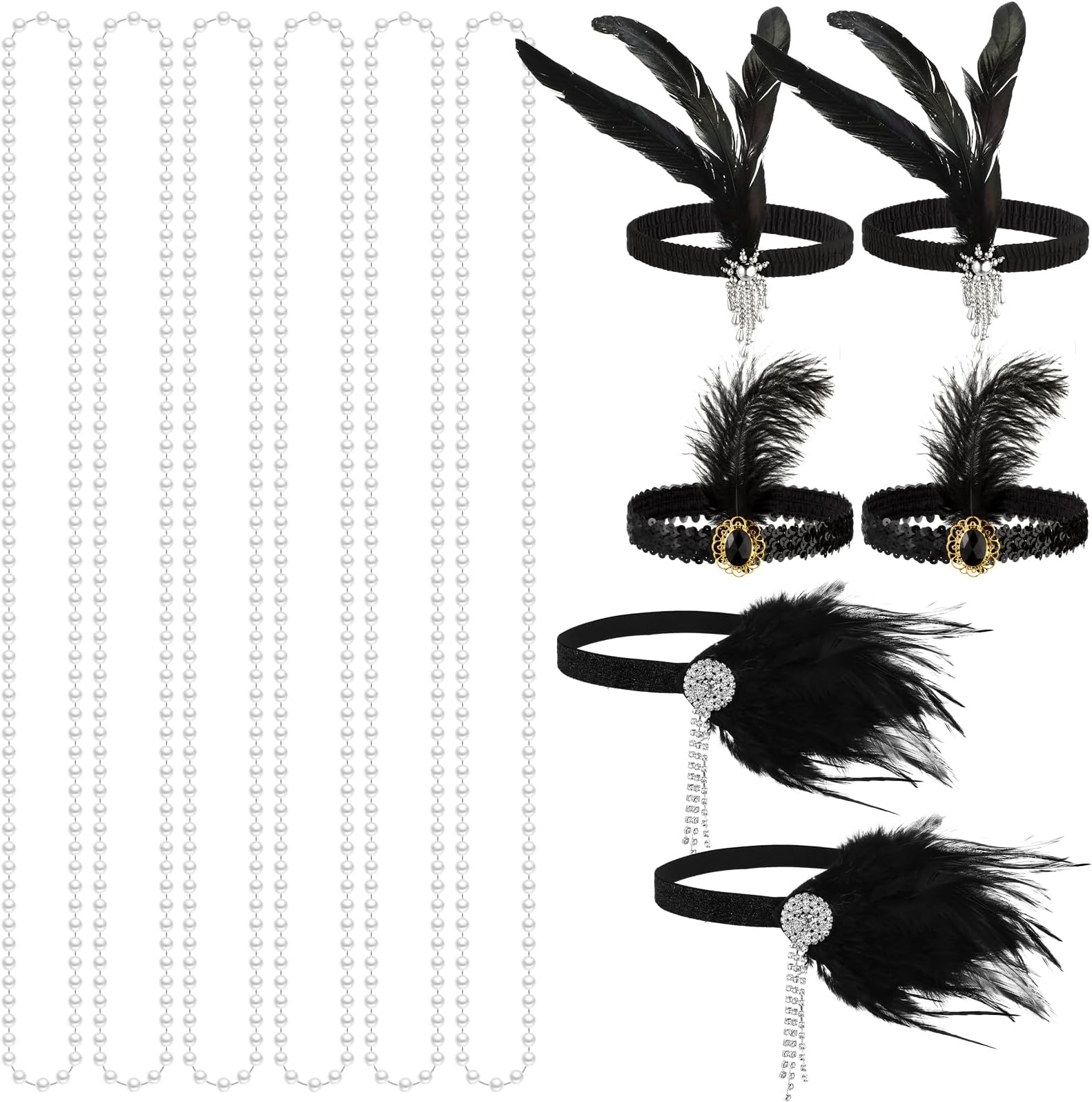 Seematn 18 Pcs Flapper Accessories Flapper Headband Feather Headpiece for Women, Pearl Bead Necklaces