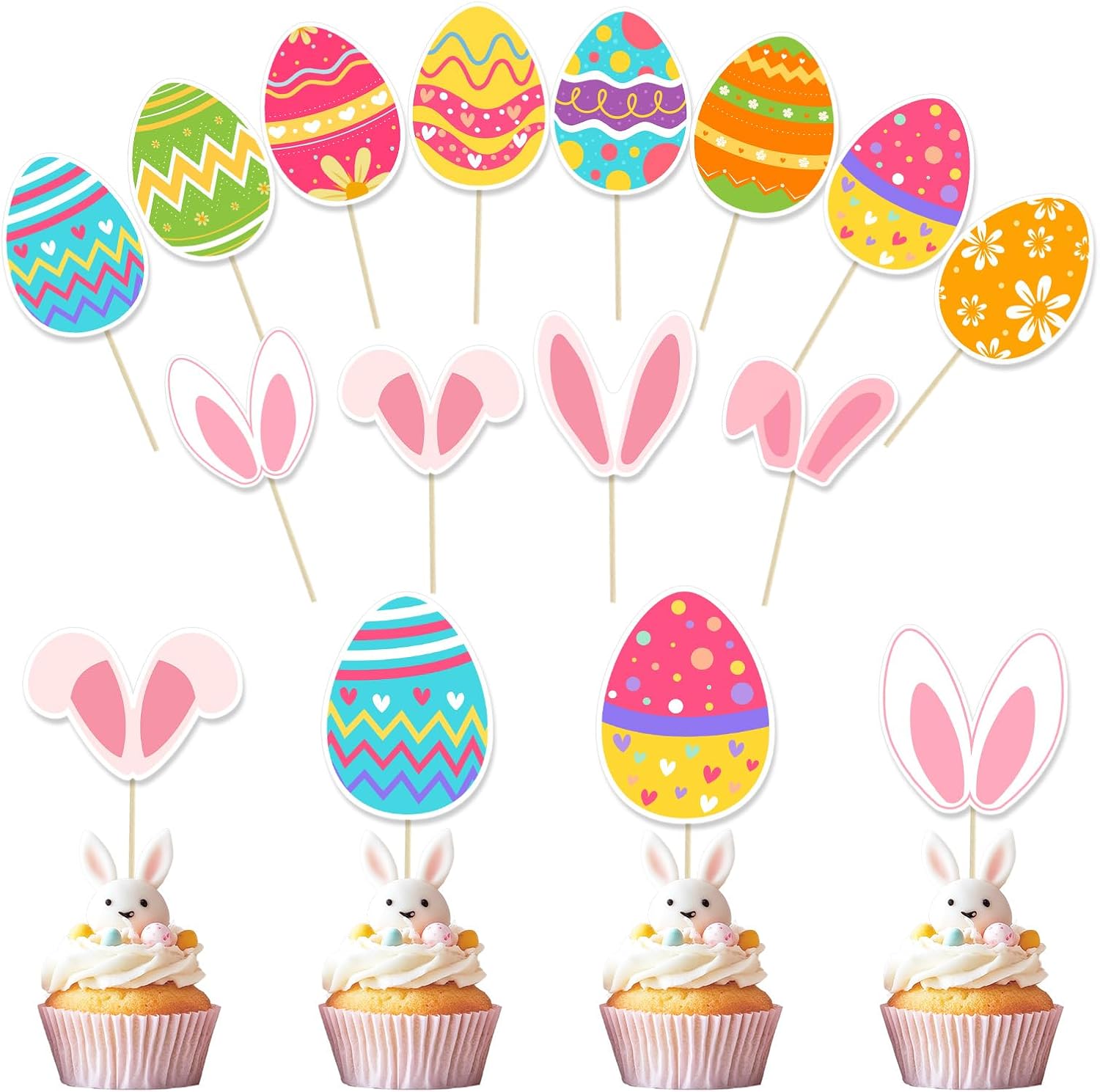 36pcs Easter Cupcake Toppers, 12 Kinds Easter Cake Topper Decorations, Paper Colorful Easter Eggs Bunny Ears Cake Topper Decor, Single Sided Printing Spring Party Decoration