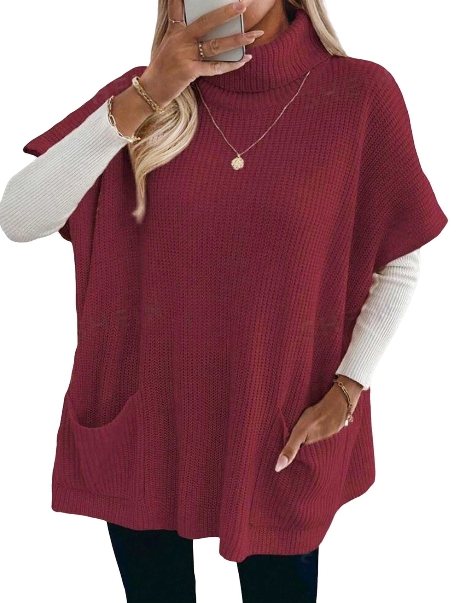 ZAFUL Womens Oversized Turtleneck Sweater Dress Short Batwing Sleeve Knitwear with Pockets Trendy Fall Sweaters 2025