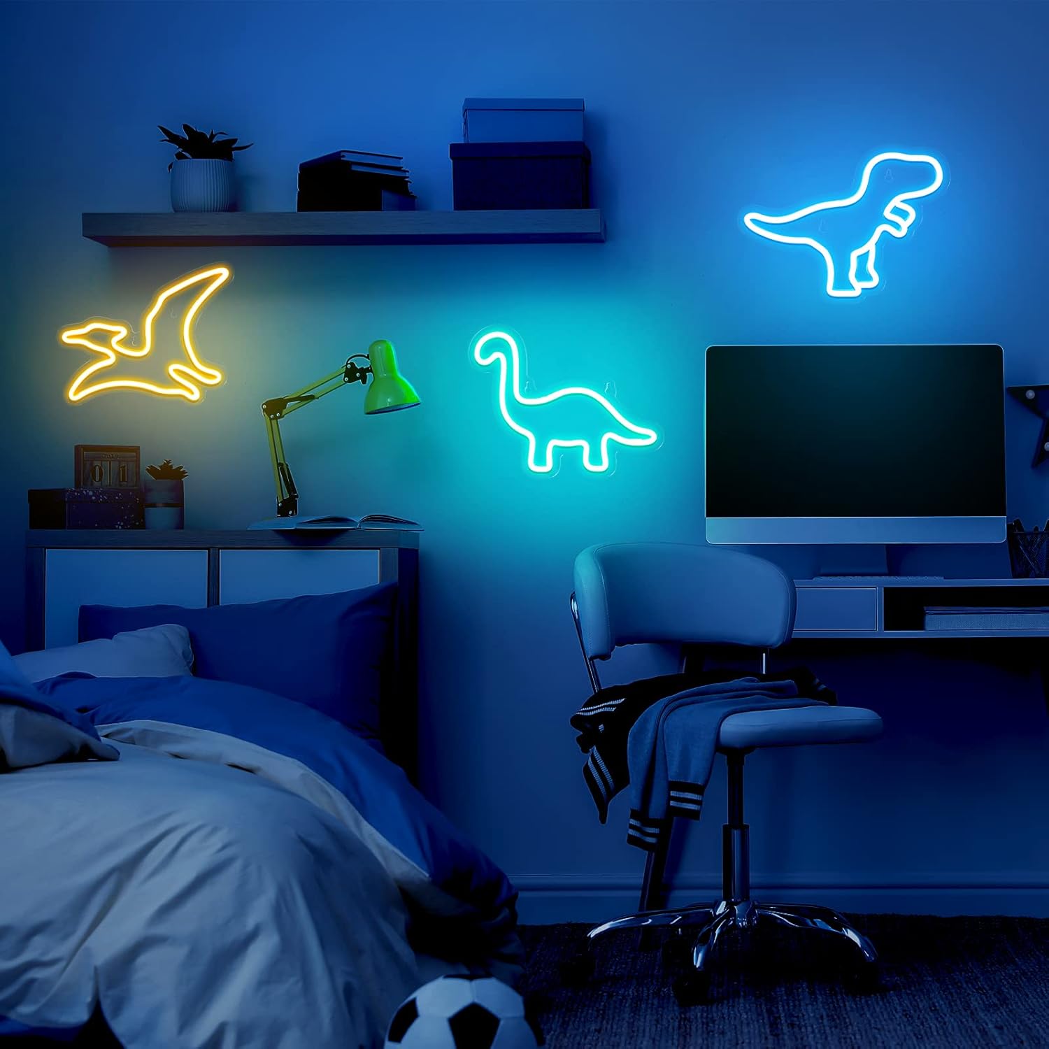 Kingdder 3 Pcs Dinosaur Neon Signs for Boys Room Dinosaur Shaped Neon Light USB Powered Light up Hanging Decor Wall Signs with 6 Hooks for Room Party Bar Decorations 3 Colors