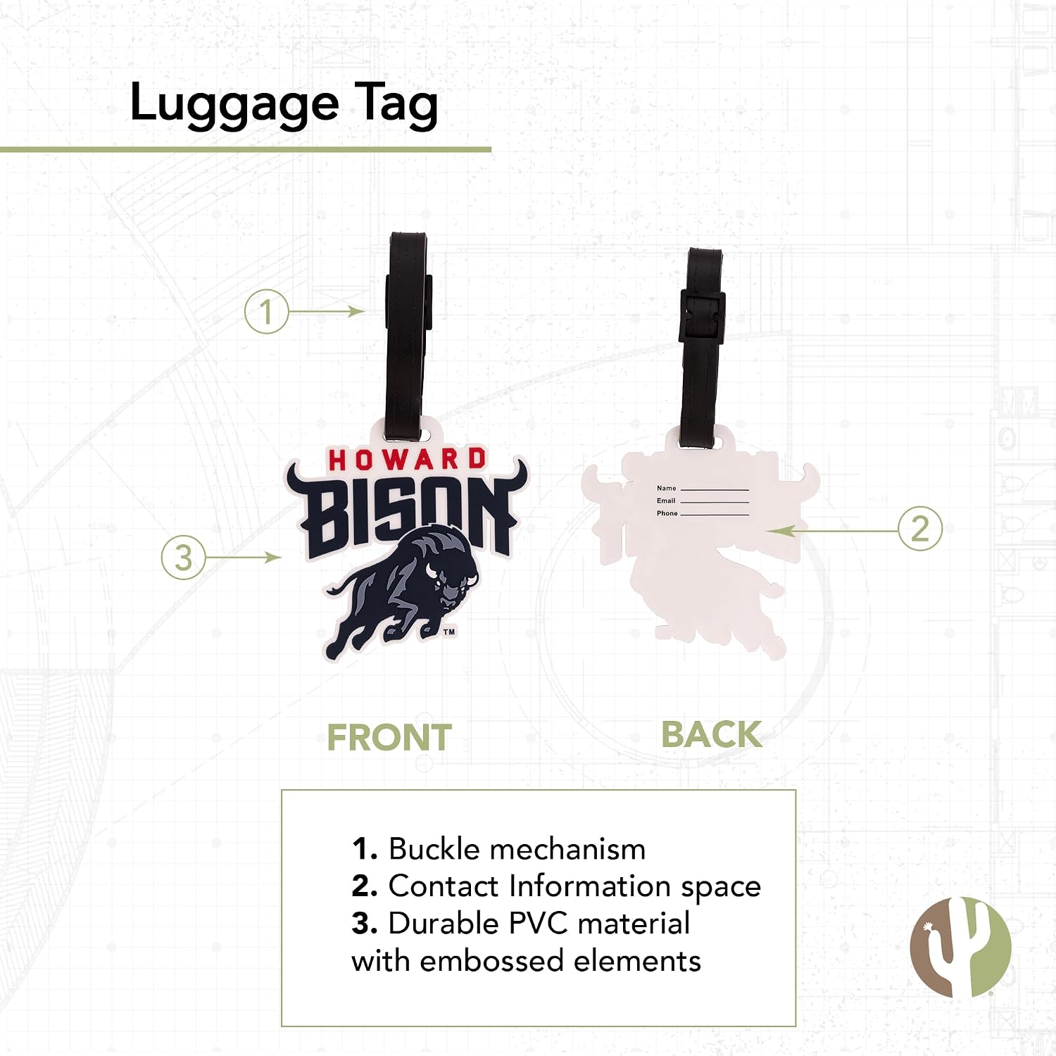 Desert Cactus Howard University Luggage Tag – Official HU Bison Travel ID Tag for Suitcases, Bags, and Carry-Ons (Design A)